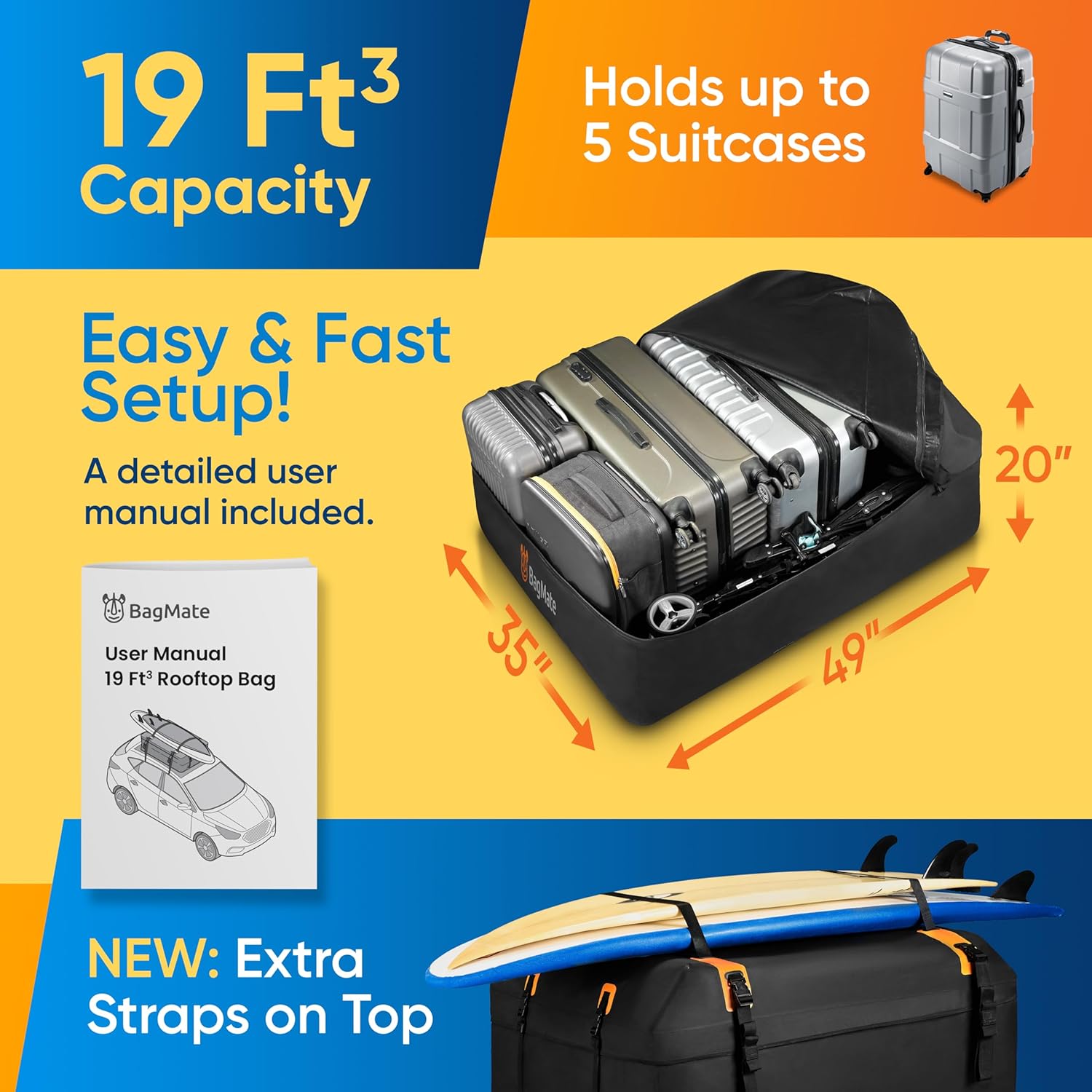 Thumbnail 3 de BAGMATE Waterproof Car Roof Bag – 19 Cubic Ft Rooftop Carrier with Anti-Slip Mat and 4 Door Hooks