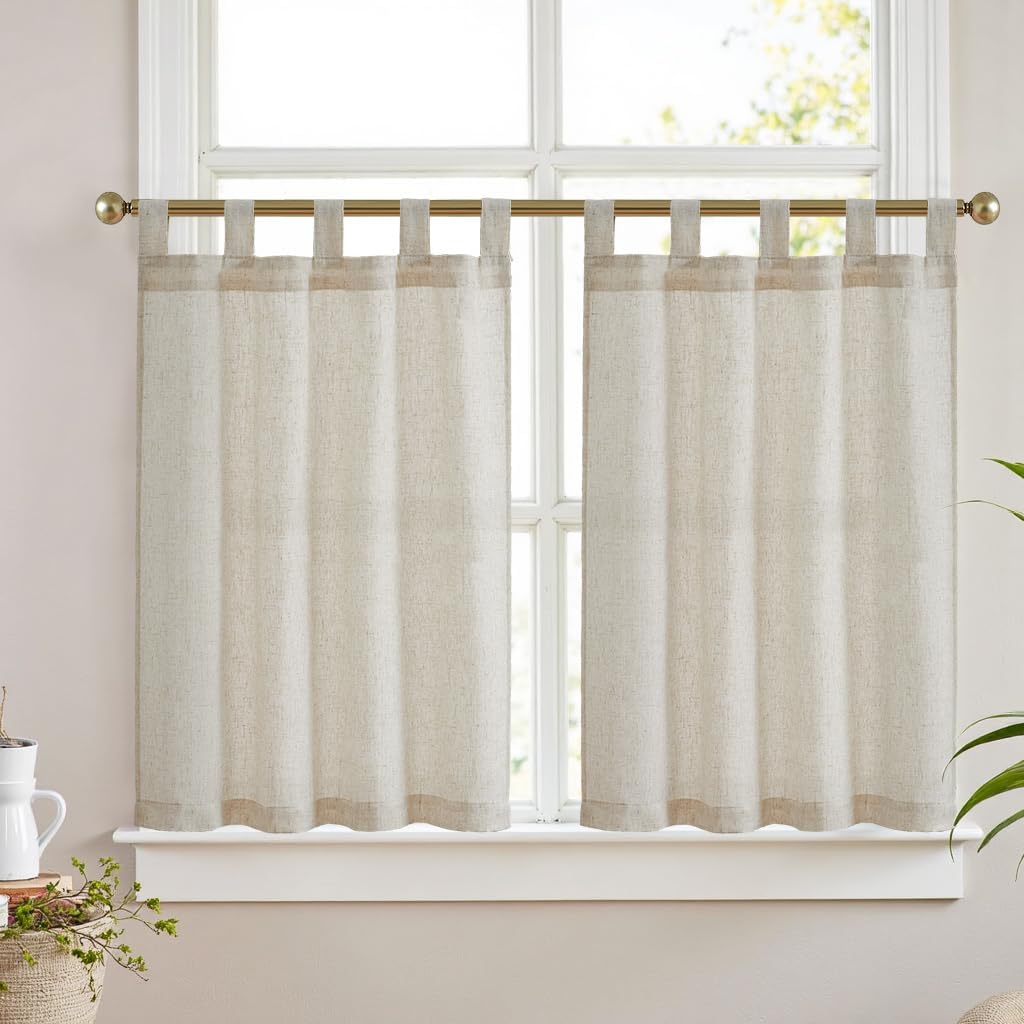 Detalle de Vangao Lot de 2 Rideaux Brise-bise en Lin Beige – 65 x 115 cm, cordon de serrage, style campagnard
