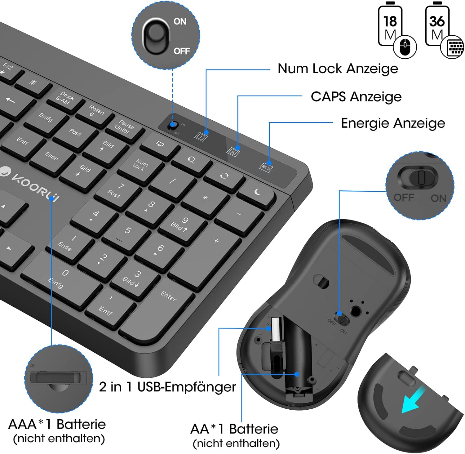 Detalle de KOORUI kabelloses Tastatur-und-Maus-Set (QWERTZ, deutsches Layout) mit leiser Maus, 2,4 GHz Funk – schwarz