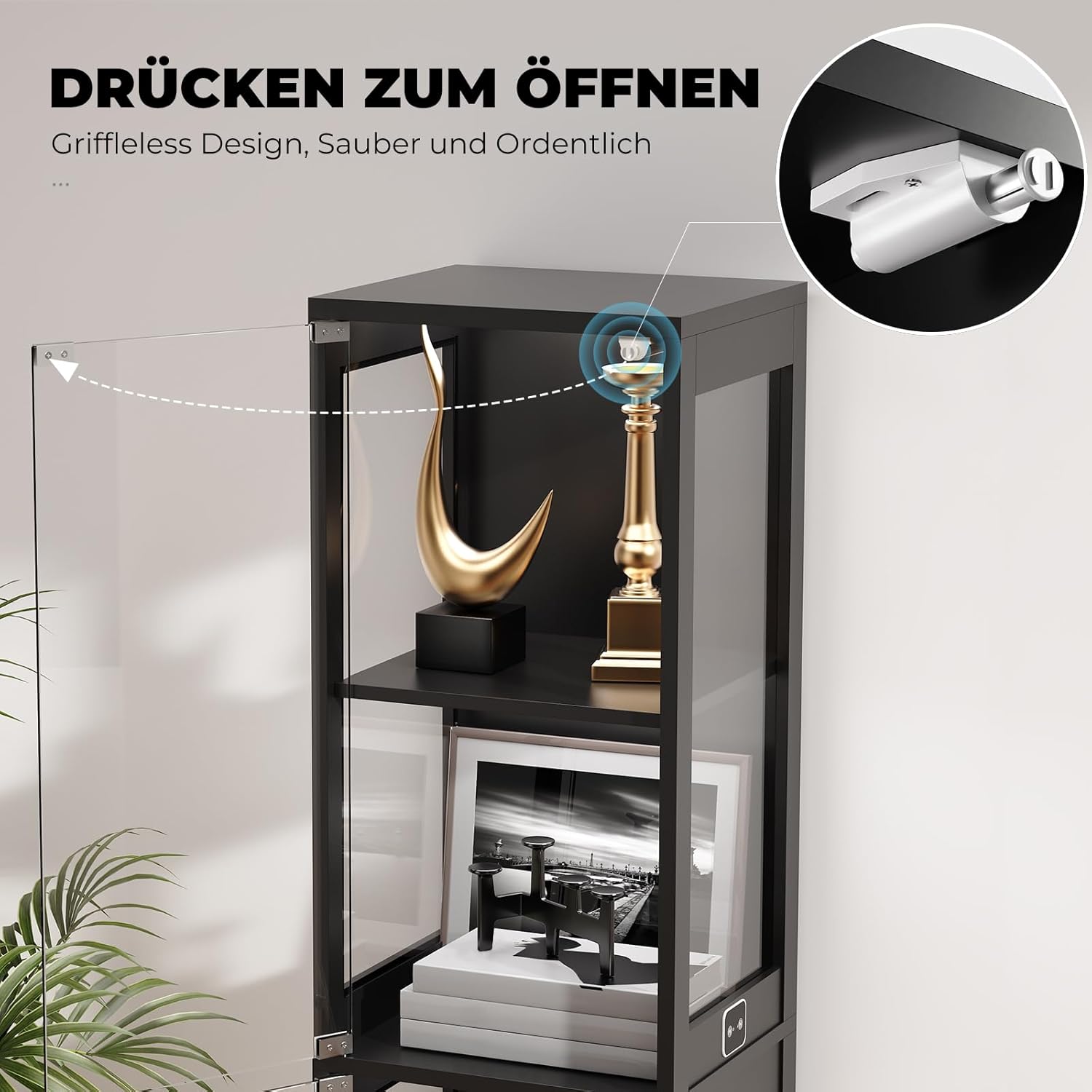 Thumbnail 3 de BROTTAR Glasvitrine mit dreifarbiger LED-Beleuchtung, Glastüren und Körpersensor-System (40 x 35 x 160 cm) – Schwarz