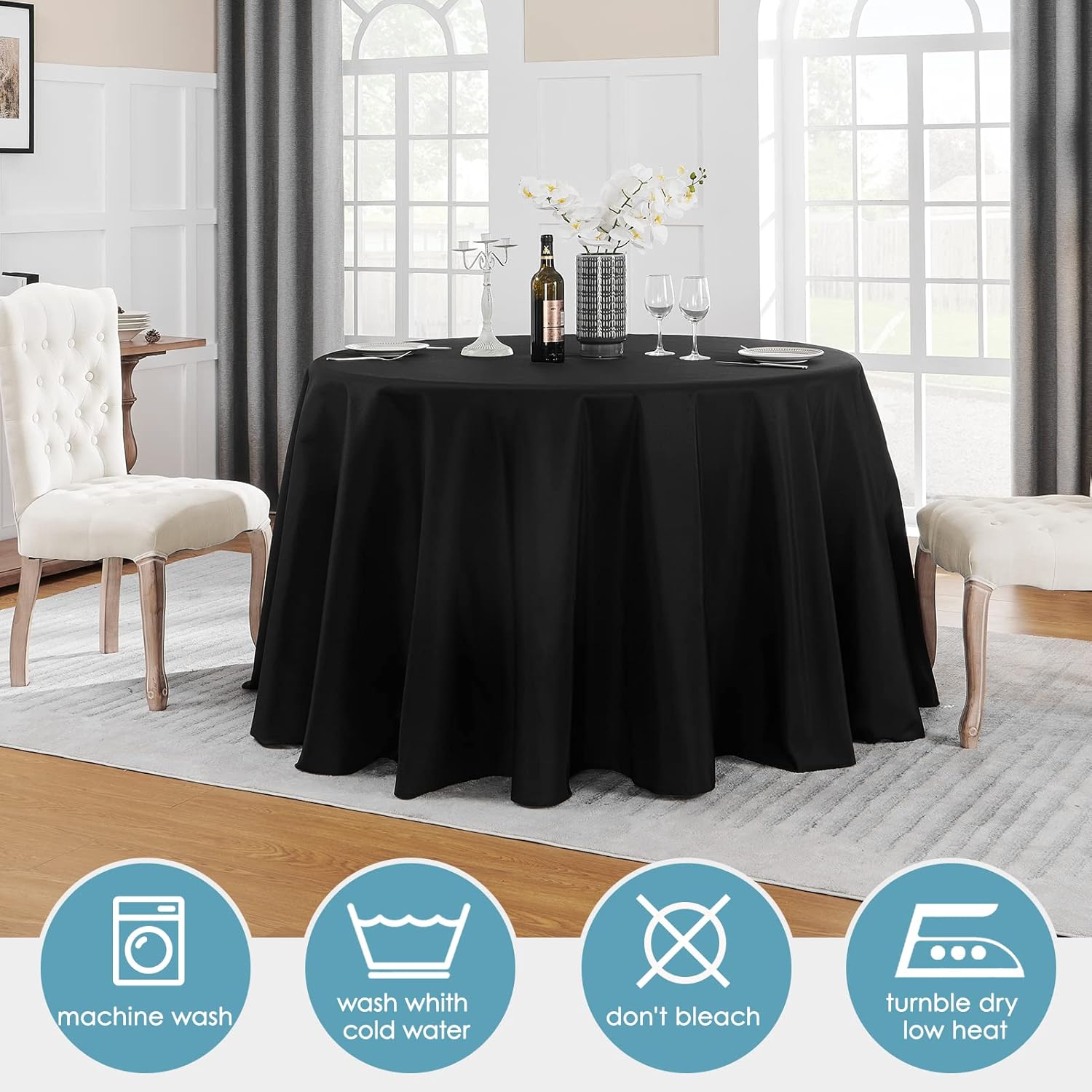 Thumbnail 3 de VidaFete 2 Pack 120-Inch Round Polyester Tablecloths (Black) for Indoor & Outdoor Dining