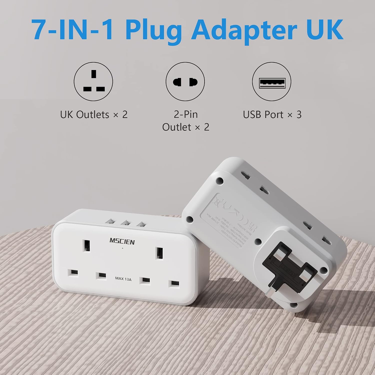Detalle 2 de Mscien Double Plug Adapter 13A with 3 USB 🔌