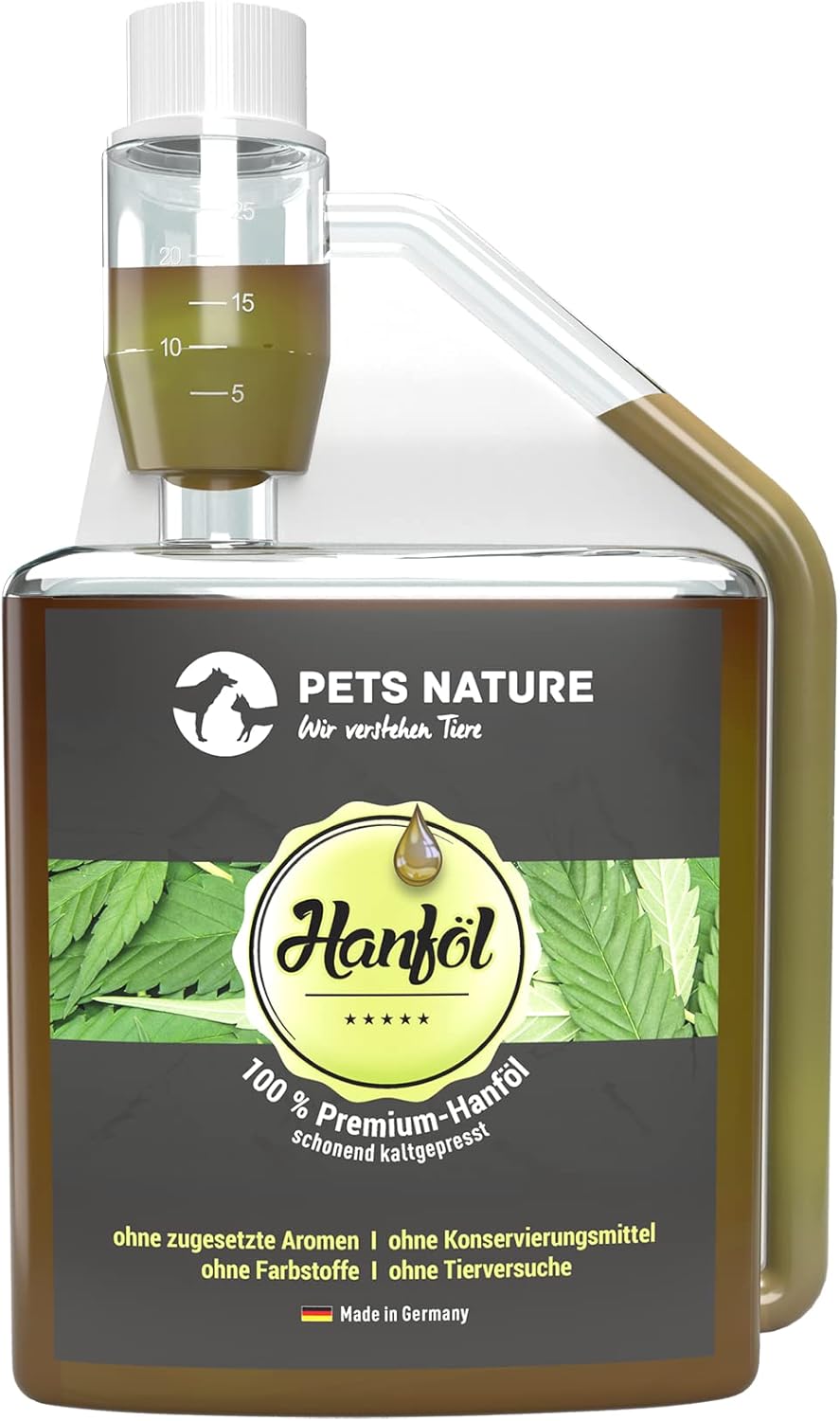 Detalle de Pets Nature Hanföl für Hunde und Katzen – 500 ml reines Premium Hanföl, kaltgepresst, THC-frei, Made in Germany