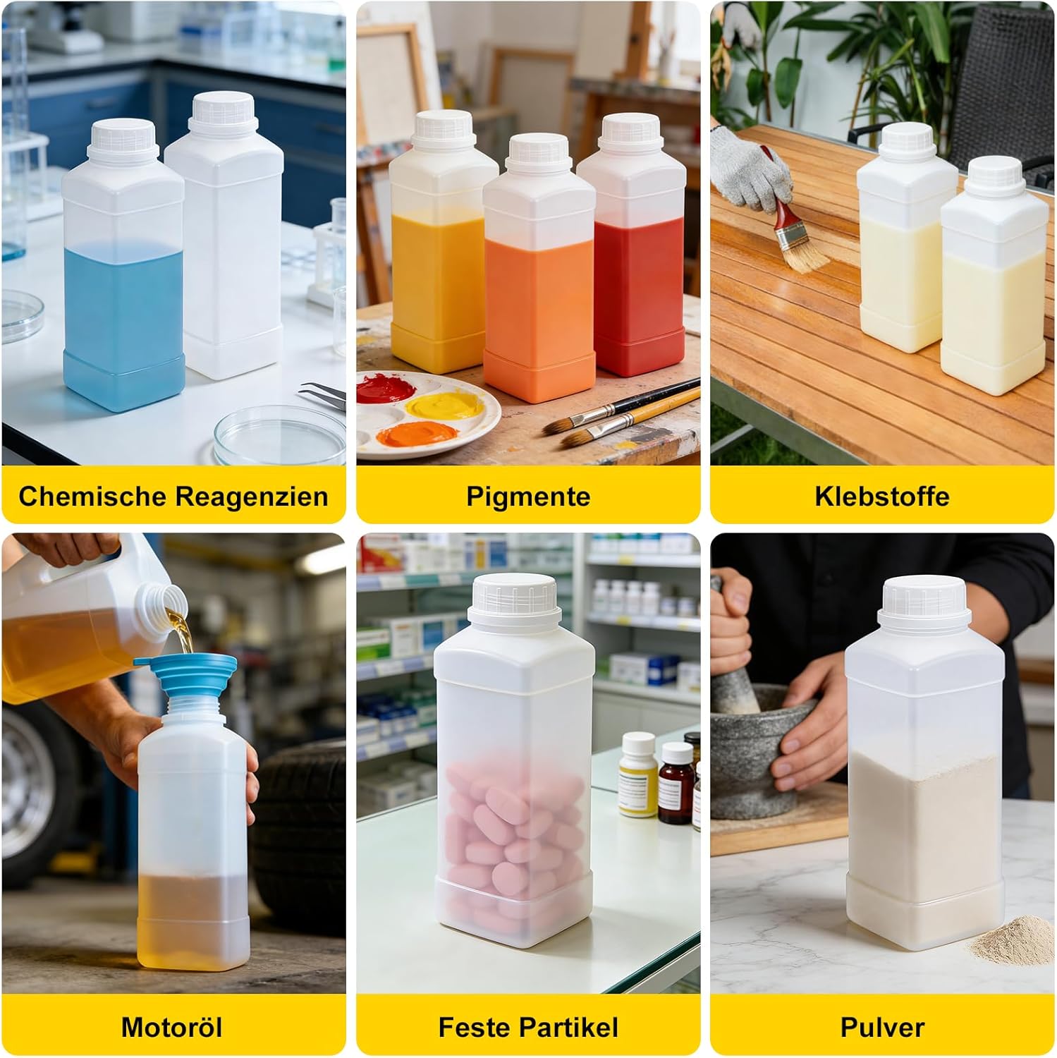 Thumbnail 5 de Annickee 3x 1.000 ml Weithalsflaschen Set (HDPE) mit Schraubverschluss, Trichter, Bürste & Aufklebern