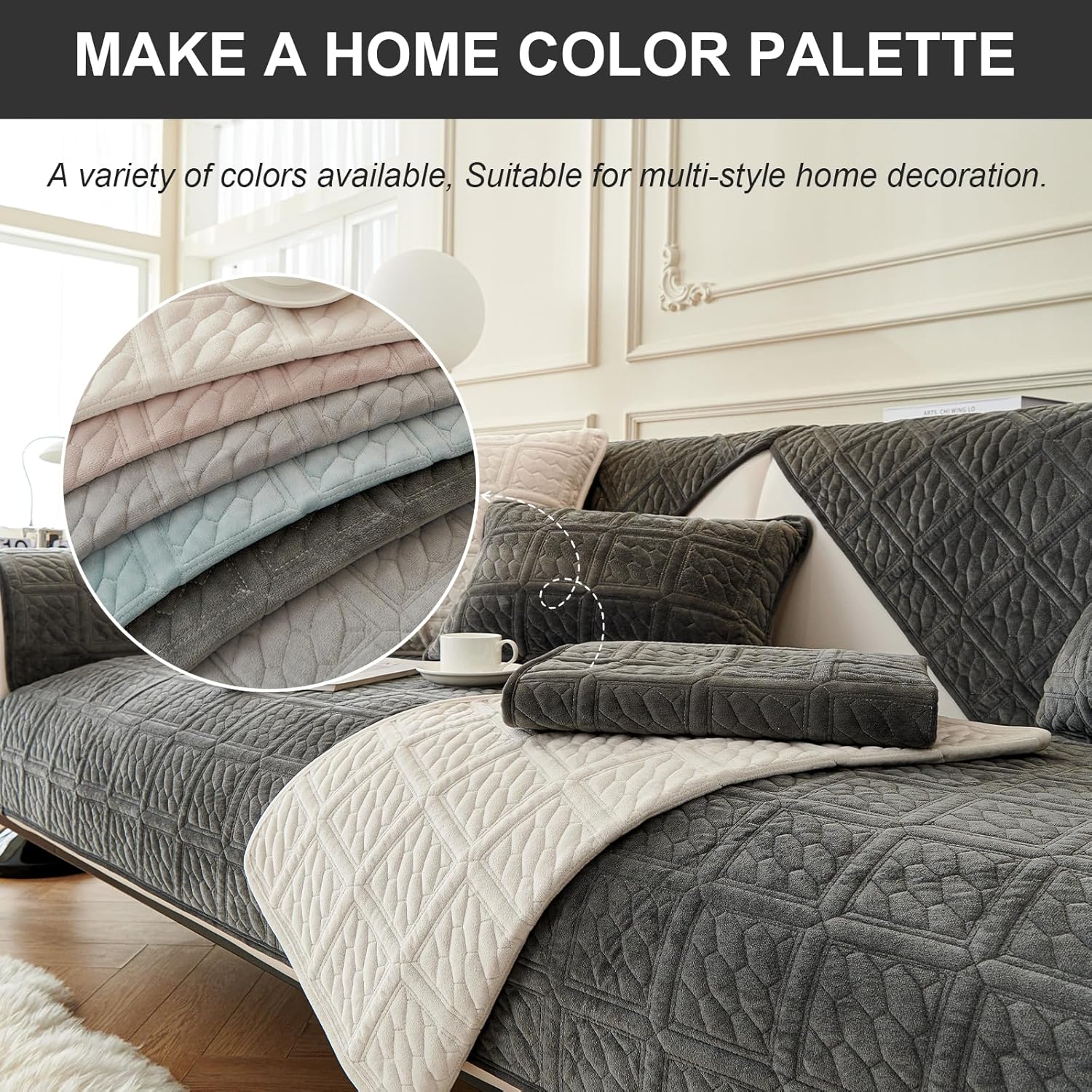Detalle de Upgrade Milchsamt Sofa-Überzug SHANNA für L-Sofa (Ecksofa) – Dunkelgrau, 70×90 cm