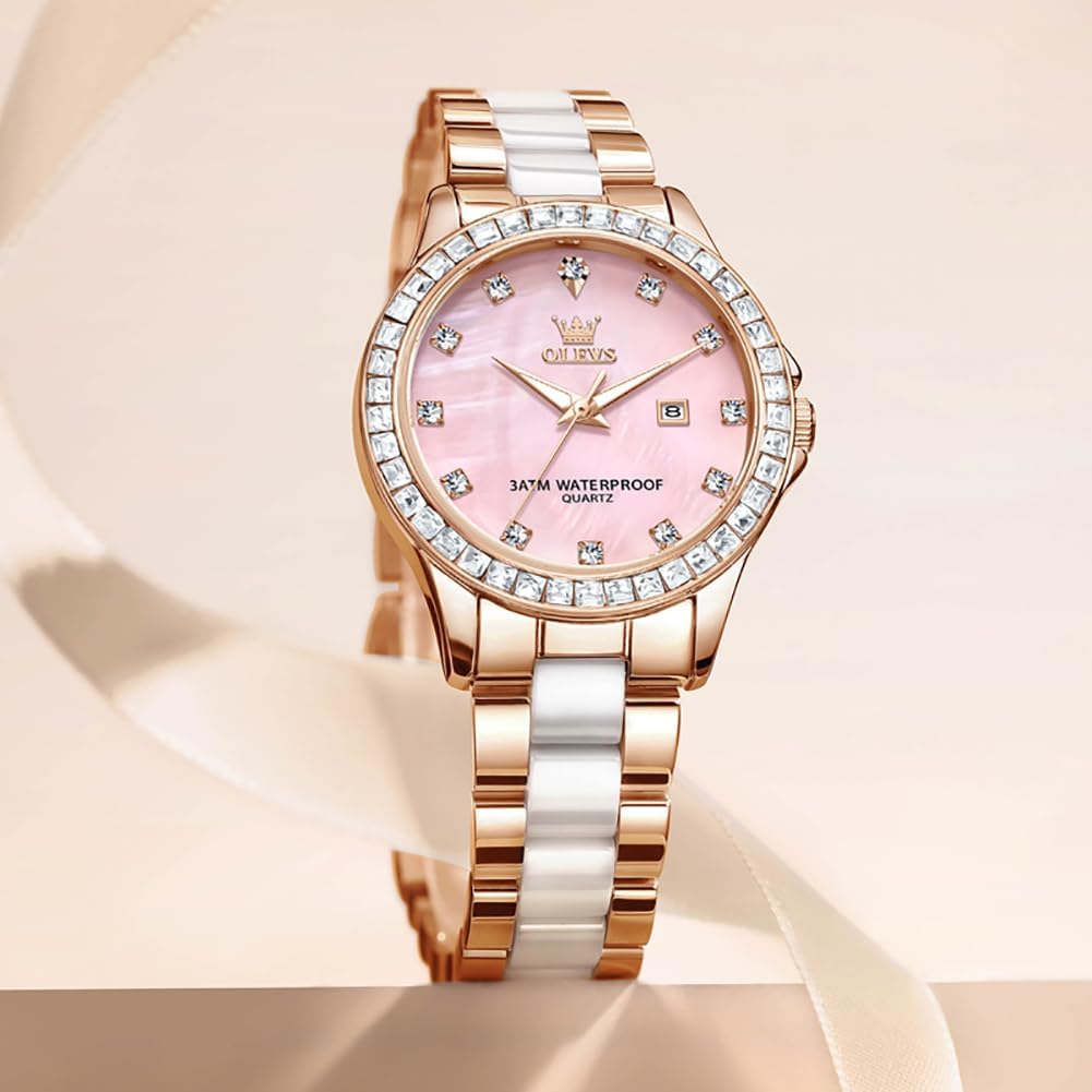 Thumbnail 1 de OLEVS Damen-Diamantuhr Elegante Luxus-Armbanduhr mit Roségoldkäfig und Keramikglas