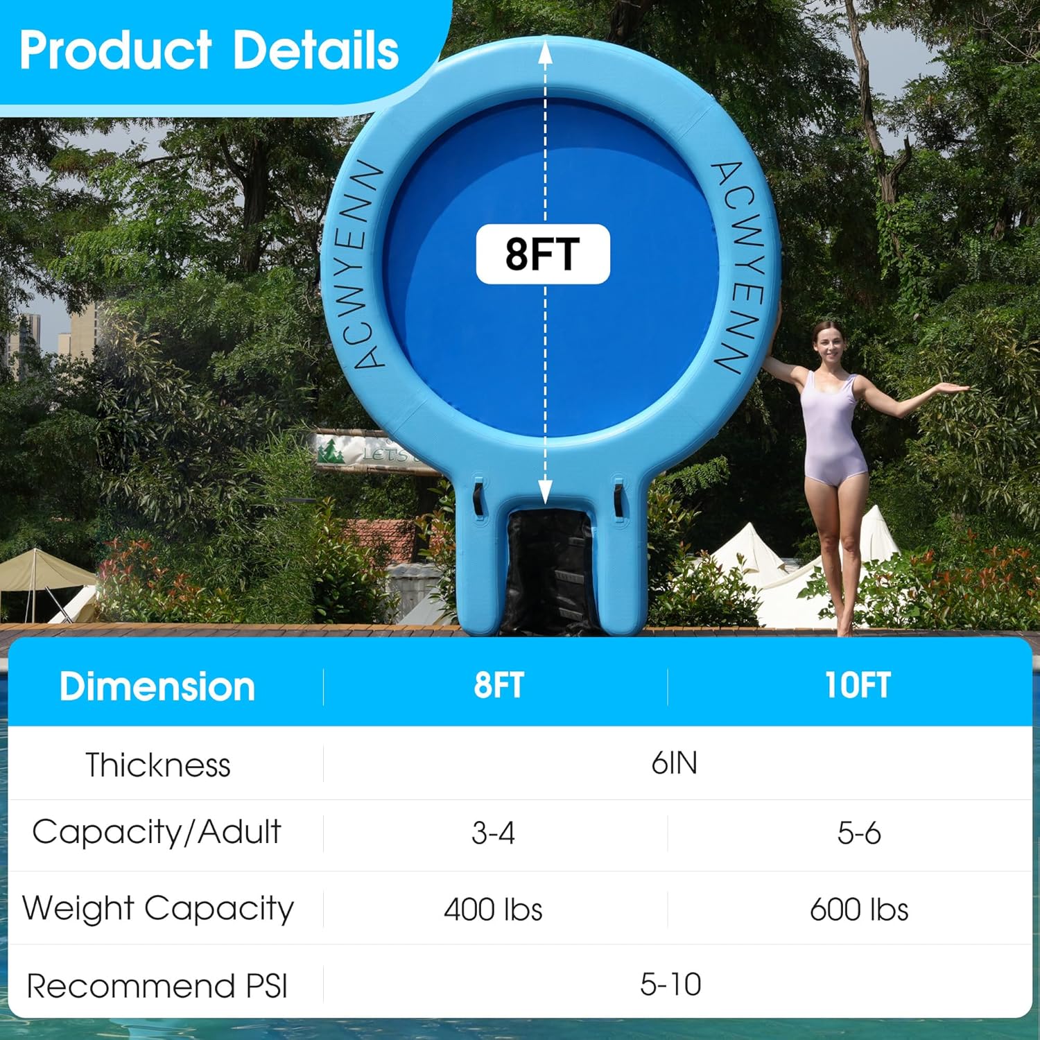 Detalle de ACWYENN 6/8/10/12FT Inflatable Water Hammock: Large Round Floating Ring for Lake, Pool, or Beach