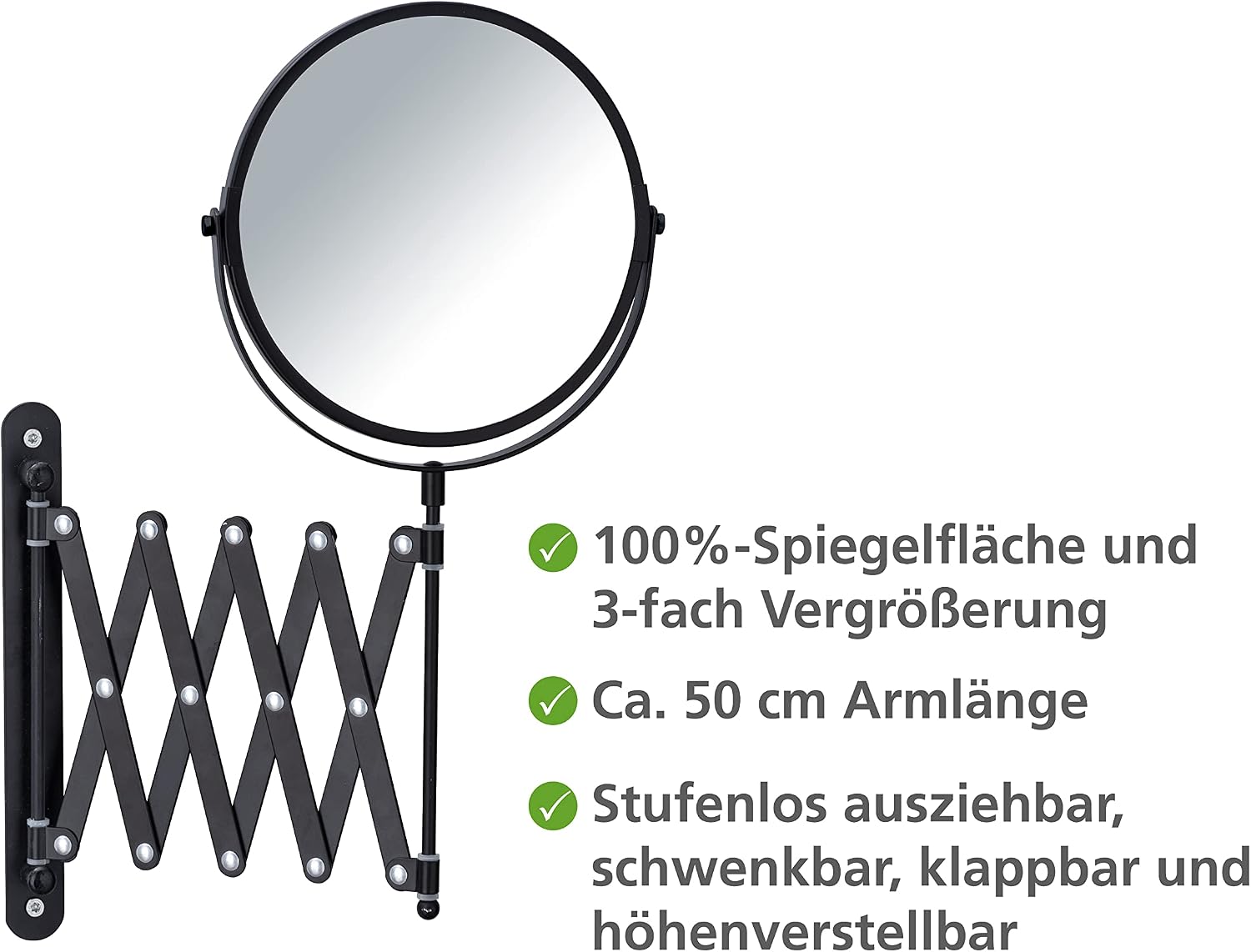 Thumbnail 1 de WENKO Miroir cosmétique mural à bras télescopique noir – double fonction et grossissement 3x