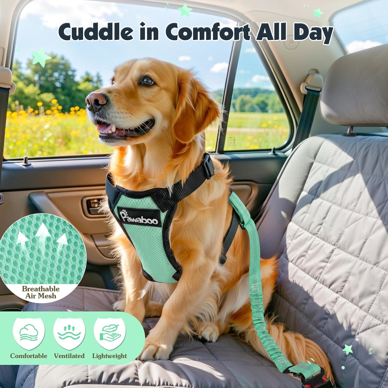 Thumbnail 6 de Pawaboo Dog Seat Belt Harness for Car (L, Light Blue + Black) – Dual Clips, Elastic Bungee, Adjustable Car Harness