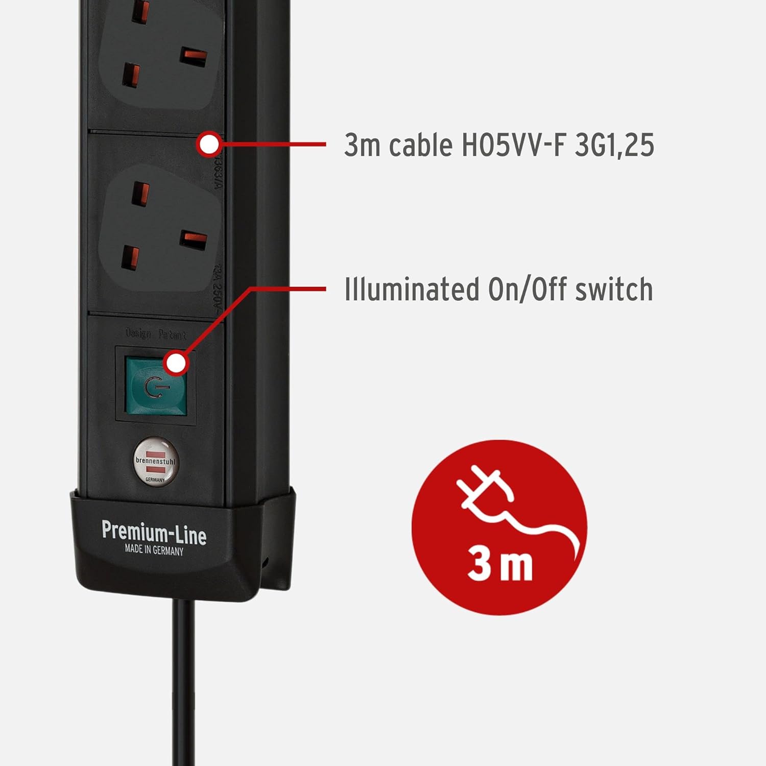 Thumbnail 2 de Brennenstuhl Premium-Line 8-Way Extension Lead with 3m Cable (3m, 8 sockets, angled, switch)