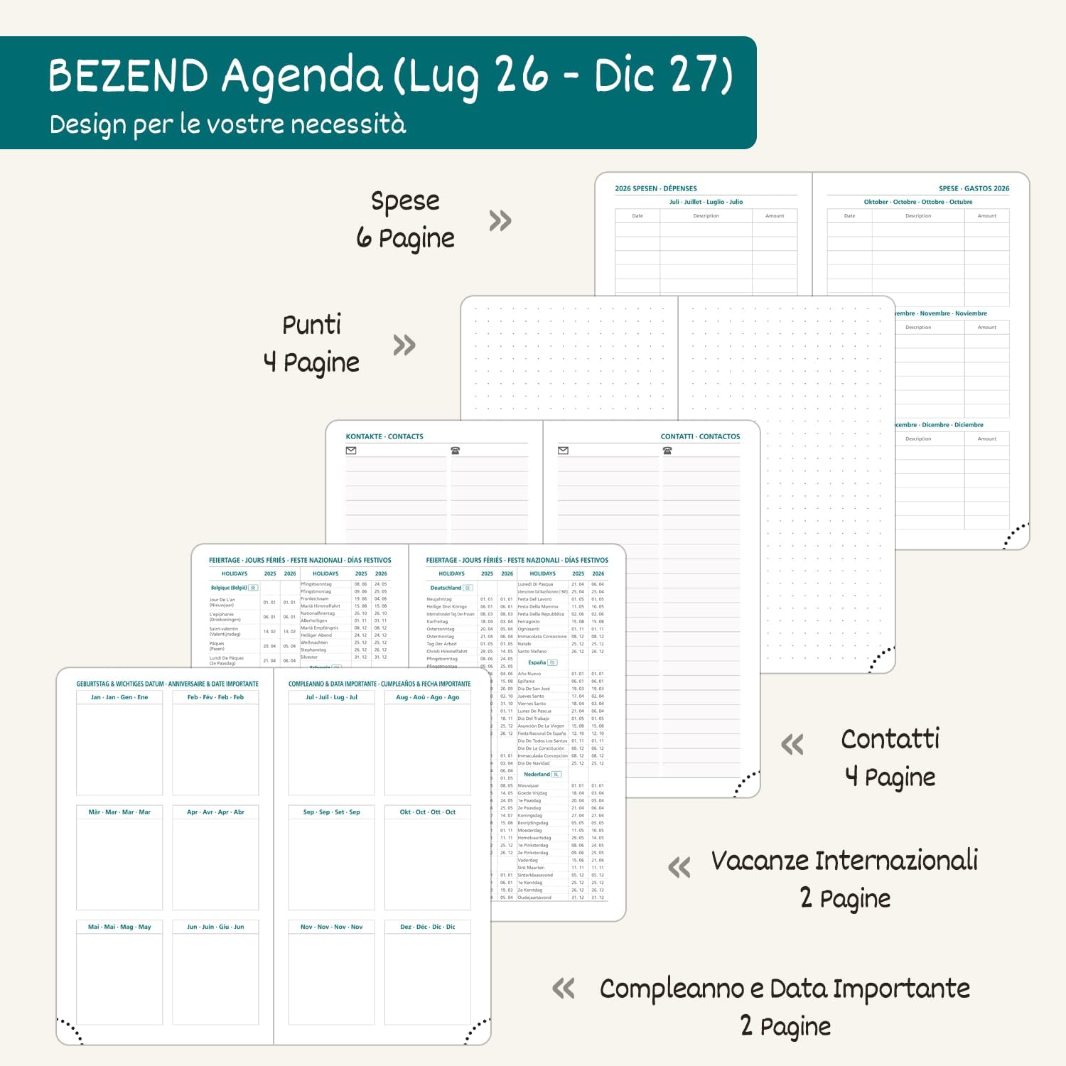 Detalle de BEZEND Agenda 2026/2027 Settimanale Tascabile A6, Copertina in Pelle PU Verde Foresta, 18 Mesi