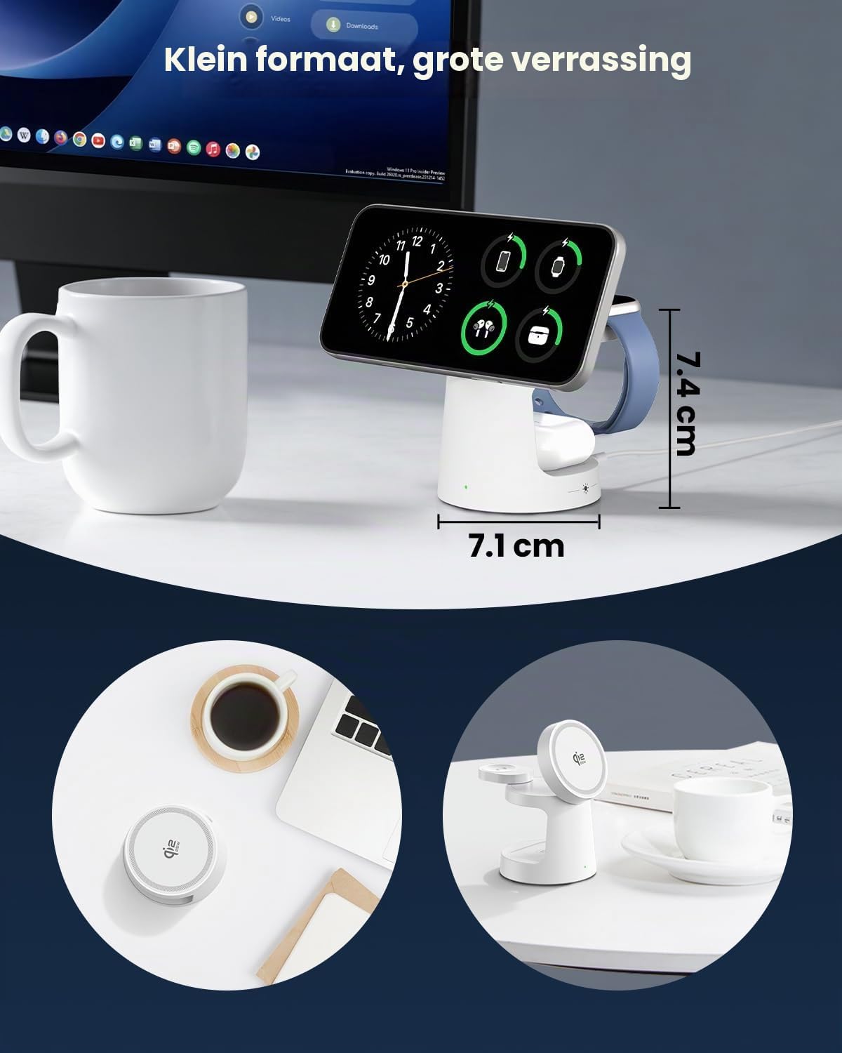 Detalle de GEEKERA 25W 3-in-1 Qi2-oplaadstation met nachtlampje en 45W-adapter