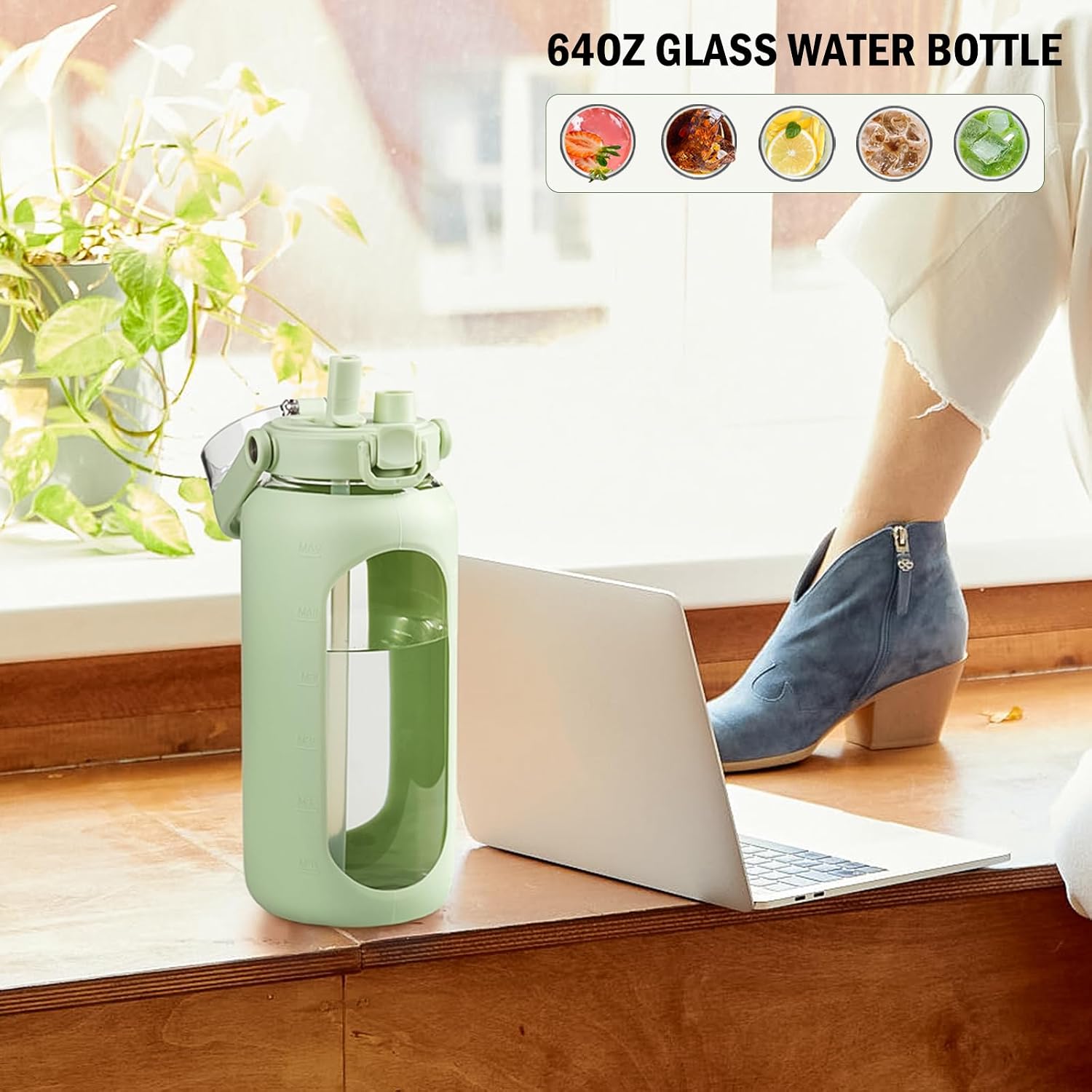 Thumbnail 4 de BLUEGO 2000ml Glas-Trinkflasche mit Strohhalm 📗