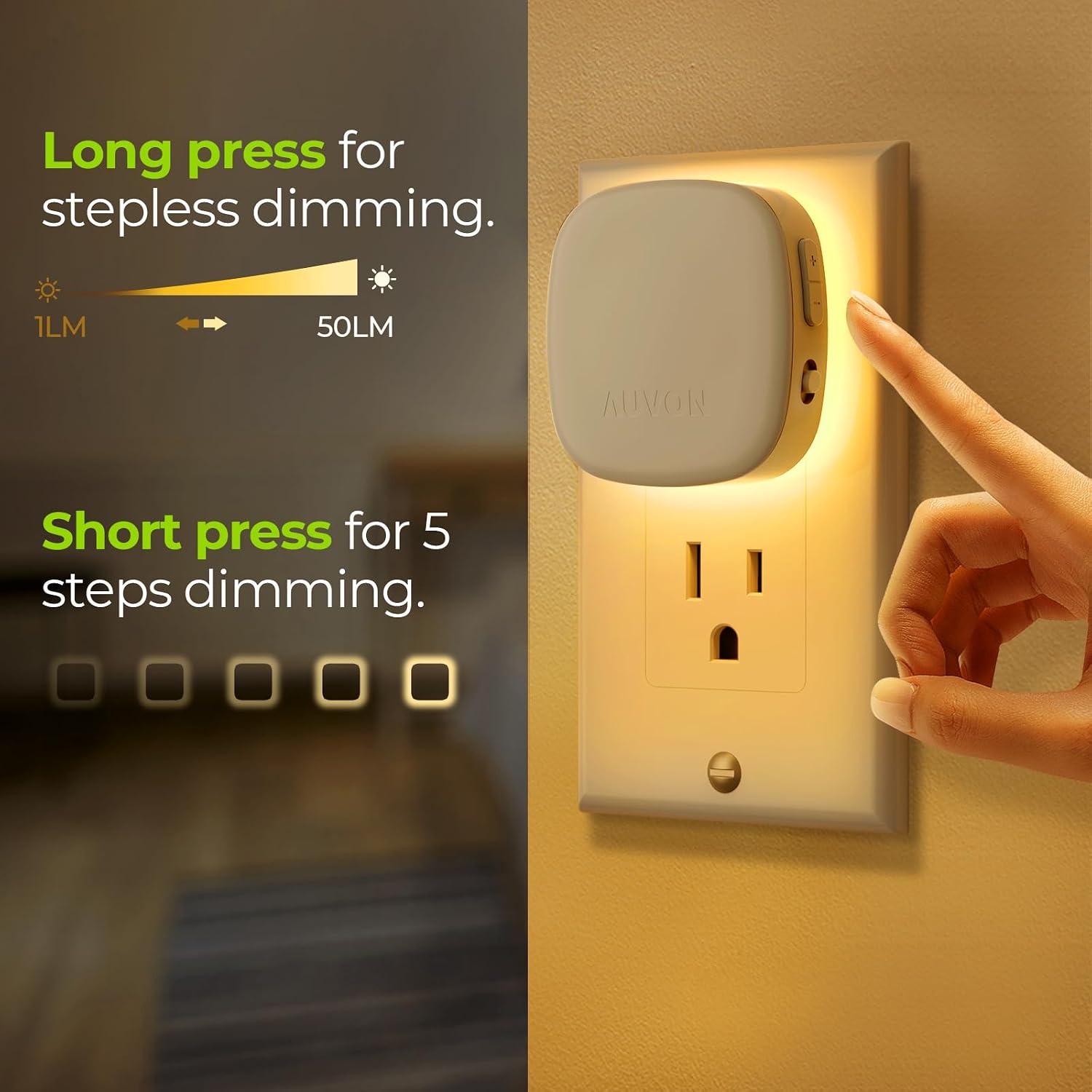 Detalle 1 de AUVON N001A Plug-In LED Backlit Night Lights, 4-Pack, Dimmable with Dual Sensors