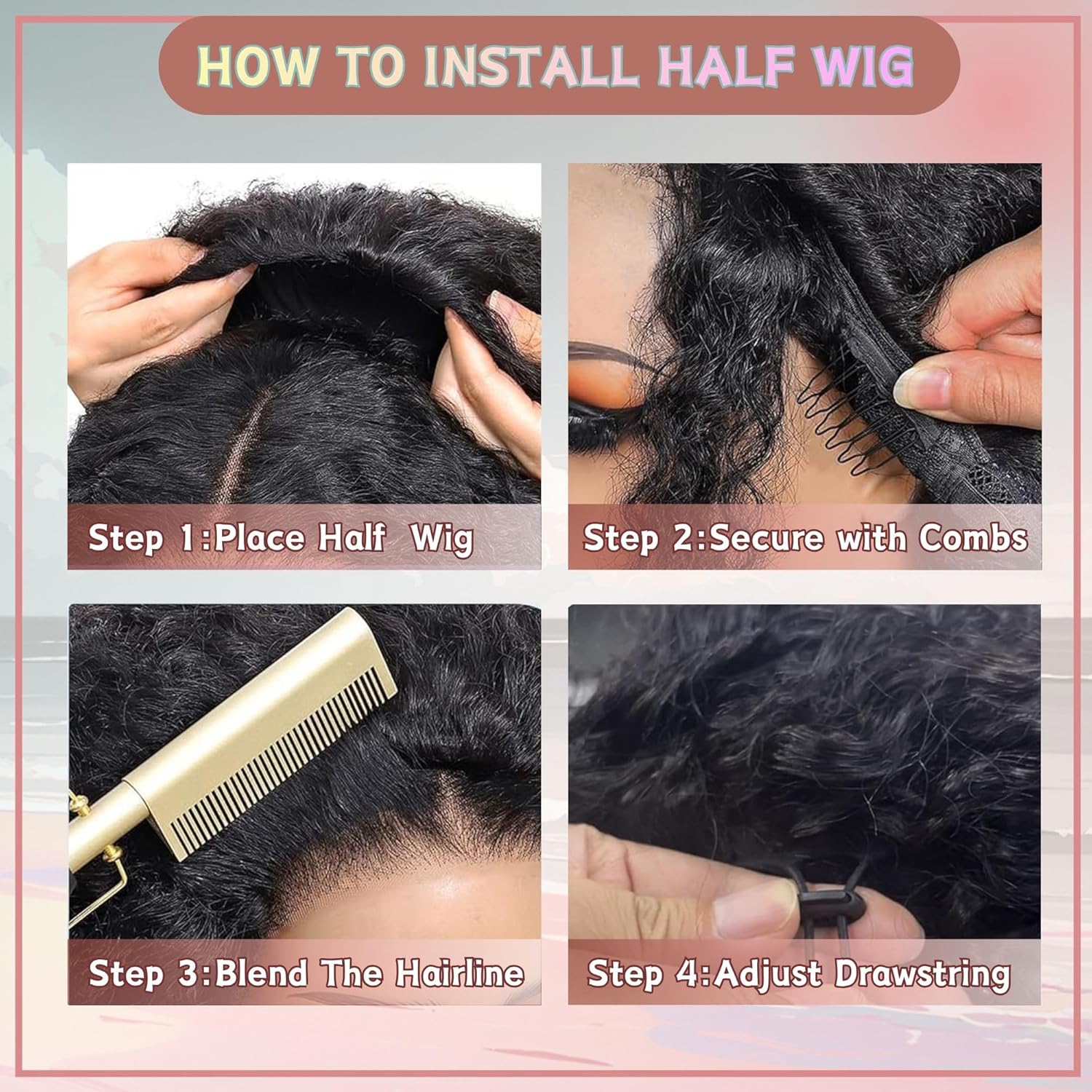 Detalle 2 de Pinketer Deep Wave Half Wig Human Hair 20inch | Glueless 3-in-1 Drawstring Half Wig for Beginner-Friendly, Natural Color