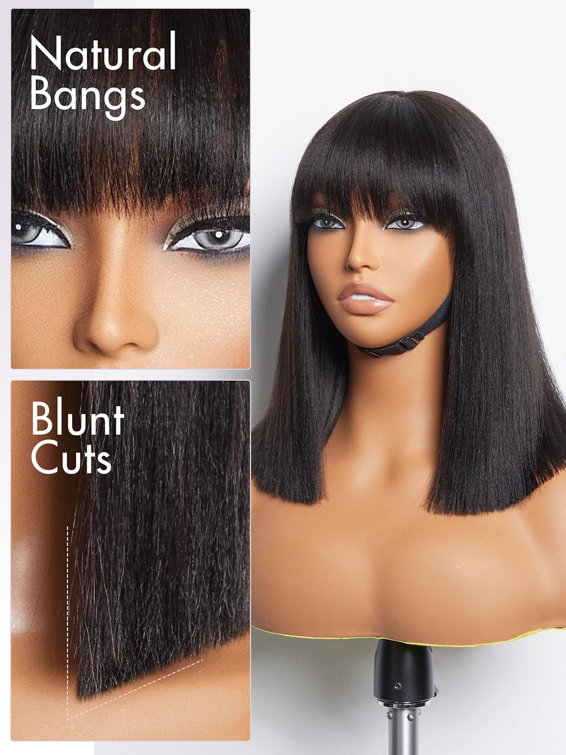 Detalle de LUVME HAIR 12 Inch Light Yaki Straight Bob Wig with Bangs – Glueless, 180 Density, Realistic HD Lace