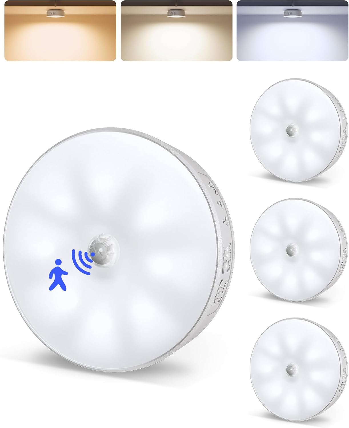 Detalle de EZVALO Motion Sensor Puck Lights, USB-C Rechargeable, Dimmable, 3 Color Temps