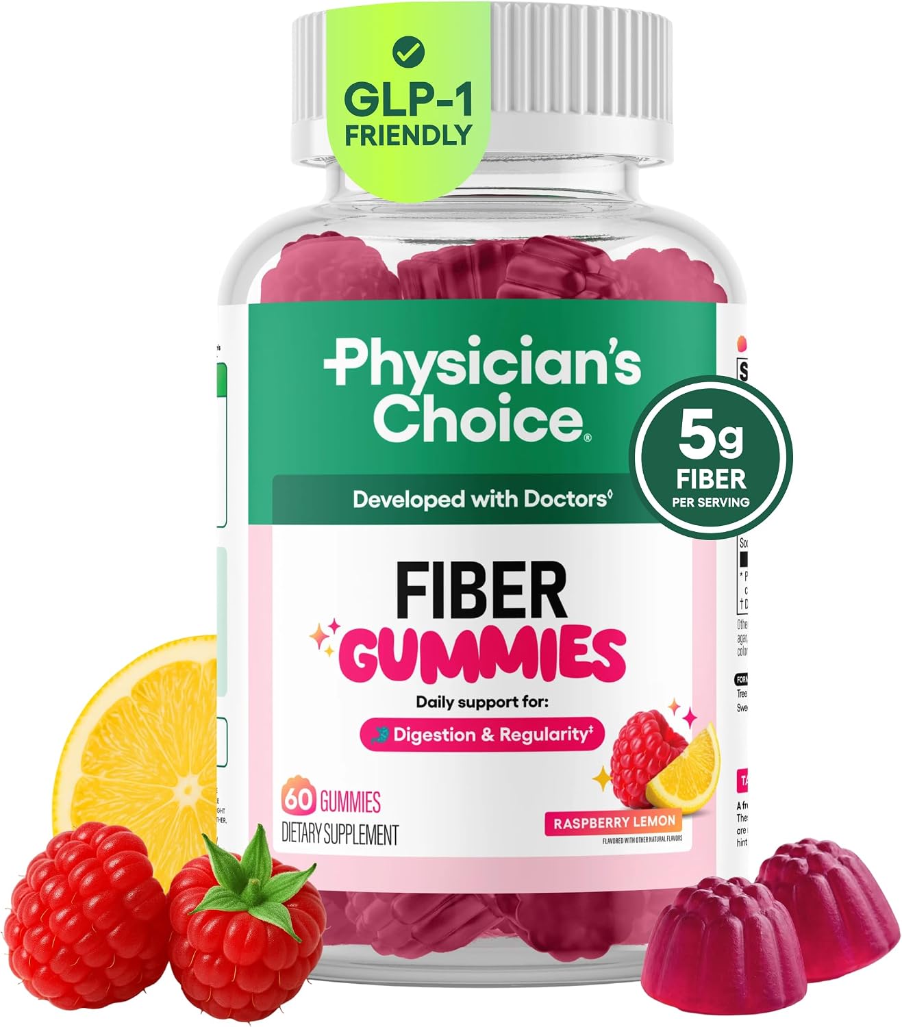 Detalle de Physician's Choice Fiber Gummies, Raspberry Lemon, 5g Prebiotic Fiber