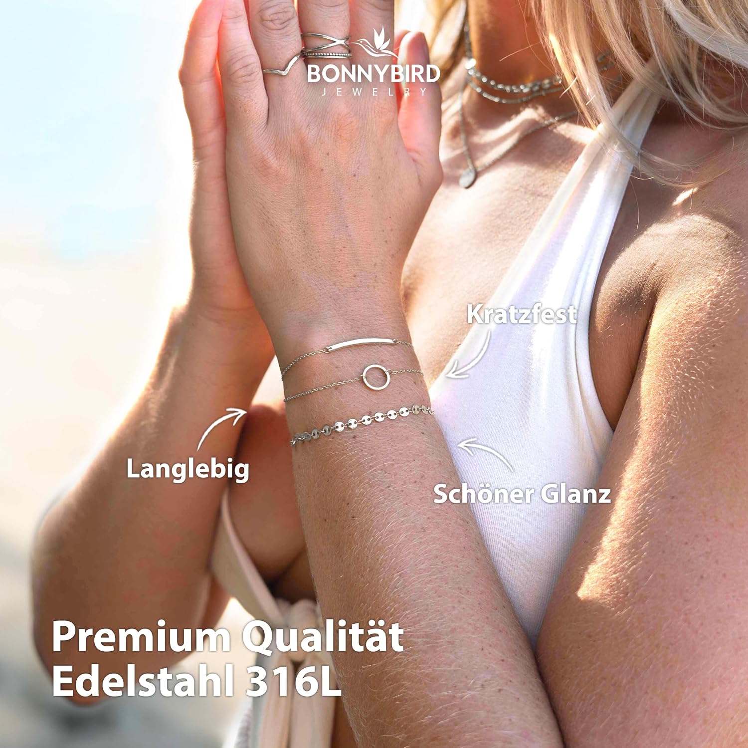 Detalle 2 de BONNYBIRD BonnyMilano Premium Edelstahl-Armbänder-Set für Damen (Silber, Gold & Roségold)