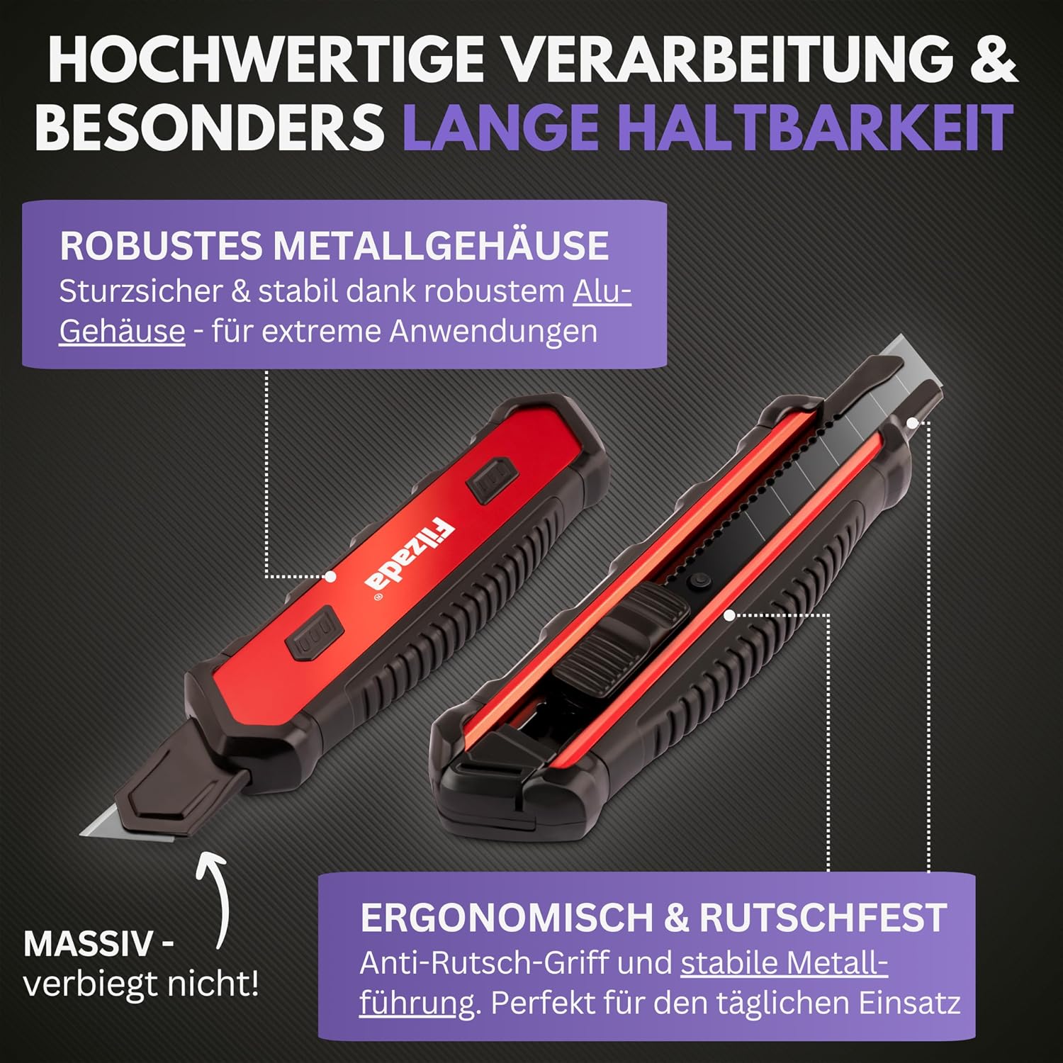 Thumbnail 2 de Filzada® 3x Cuttermesser Profi 18mm Ultrascharf + 13x Carbon Klingen – robust und vielseitig
