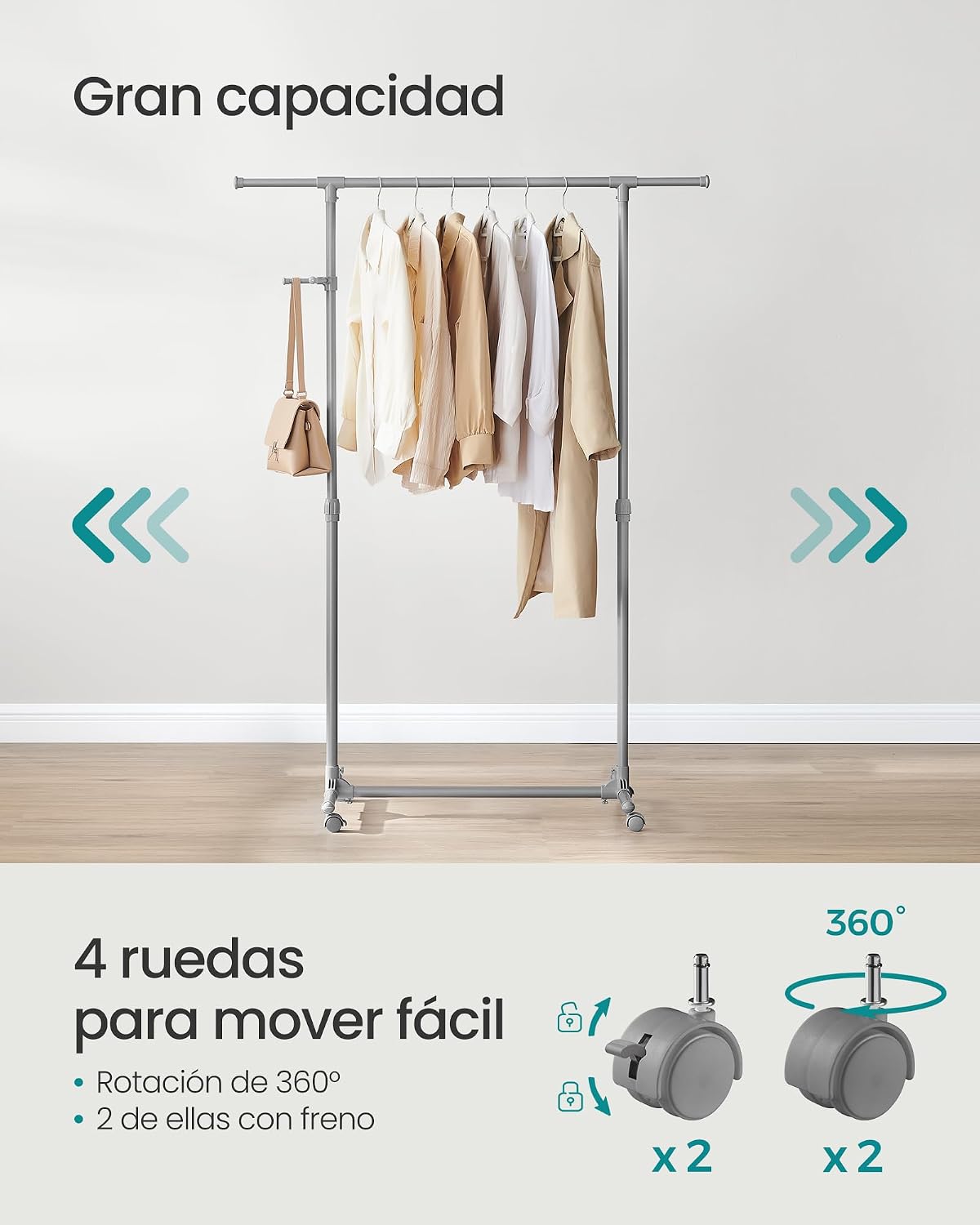 Detalle 2 de SONGMICS Perchero con Ruedas Altura 97-165 cm