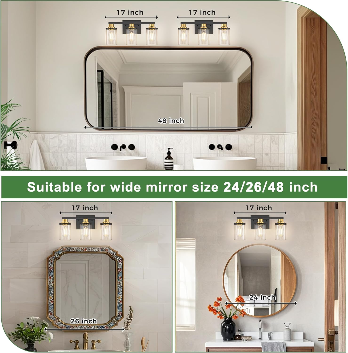 Detalle de DORESshop 3-Light Black and Gold Bathroom Light Fixture (Clear Glass Shades) — ETL Listed, E26