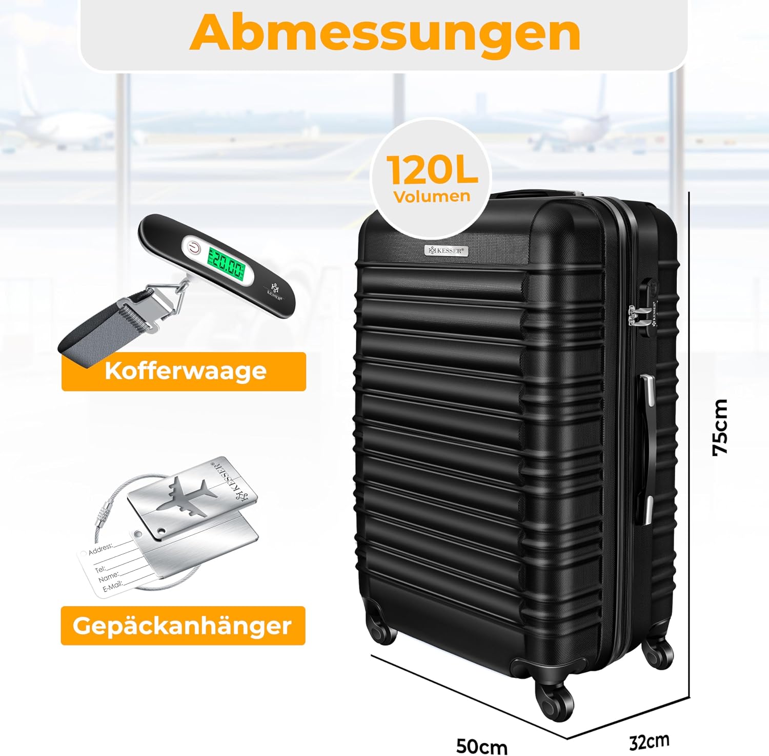 Detalle de KESSER Reisekoffer 120L – Großer Hartschalenkoffer mit integrierter Kofferwaage, 4 Rollen, ABS, Teleskopgriff & Zahlenschloss (75x50x32 cm) – Schwarz