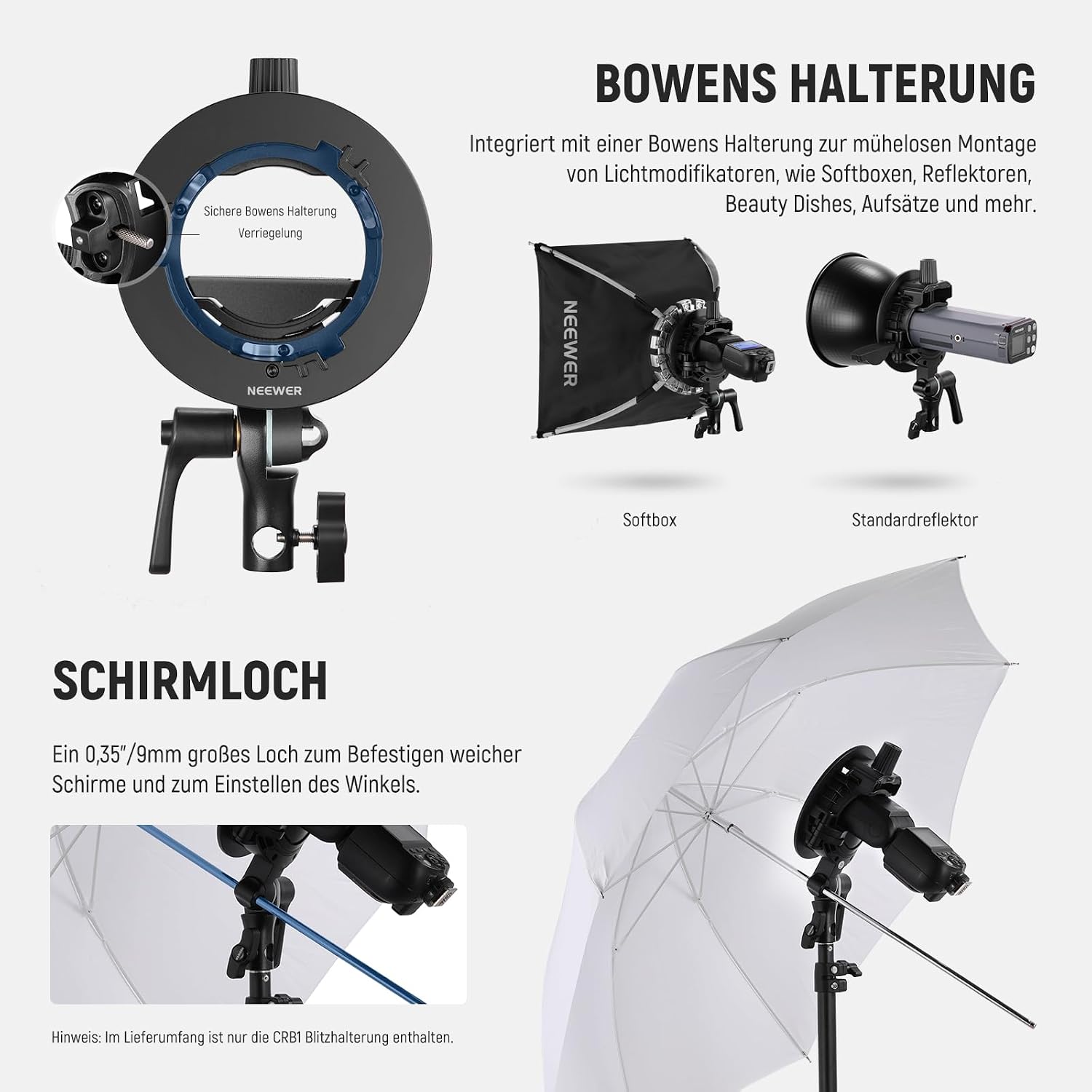 Detalle 2 de NEEWER CRB1 S Speedlite-Halterung mit Bowens-Mount und Schirmloch (Typ S) für Studio- und Portrait-Blitz