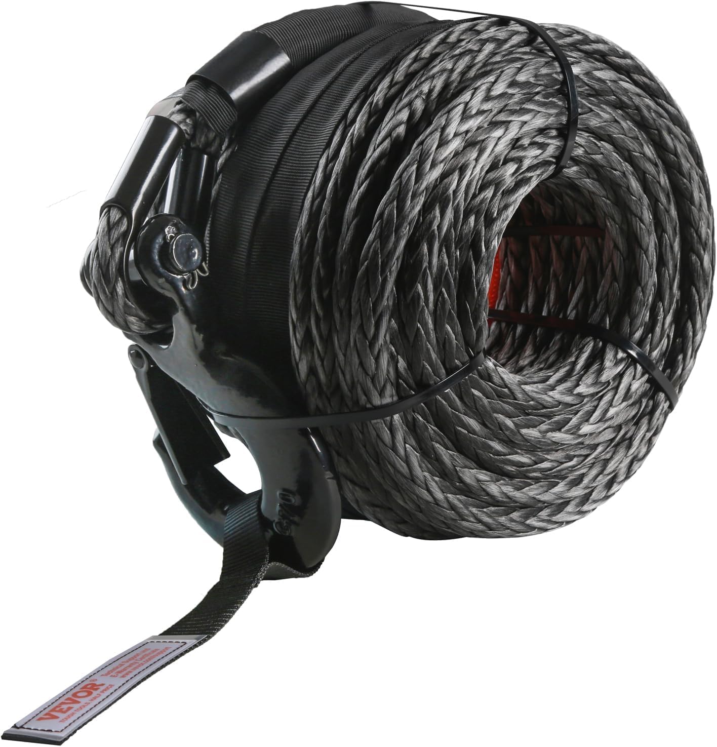 VEVOR 3/8 in x 100 ft Synthetic Winch Rope with Protective Sleeve, Hook & Pull Strap — 26,500 lbs Break Strength