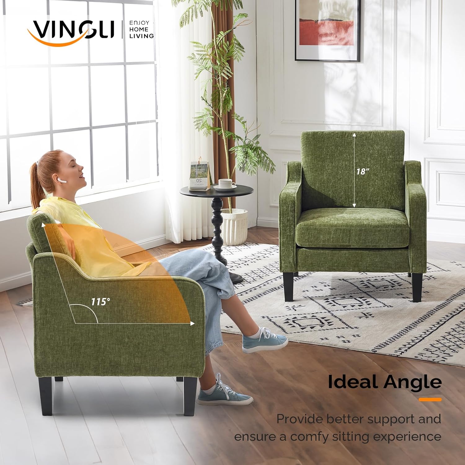 Thumbnail 4 de VINGLI Olive Green Accent Chair – Mid Century Modern Upholstered Reading Chair