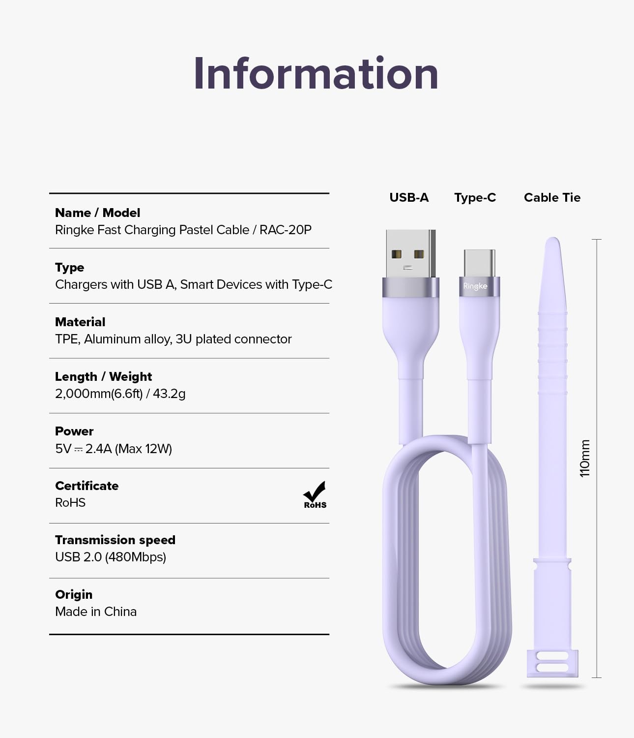 Thumbnail 6 de Ringke Fast Charging Pastel Cable 2M / 12W – USB C to USB A, Purple