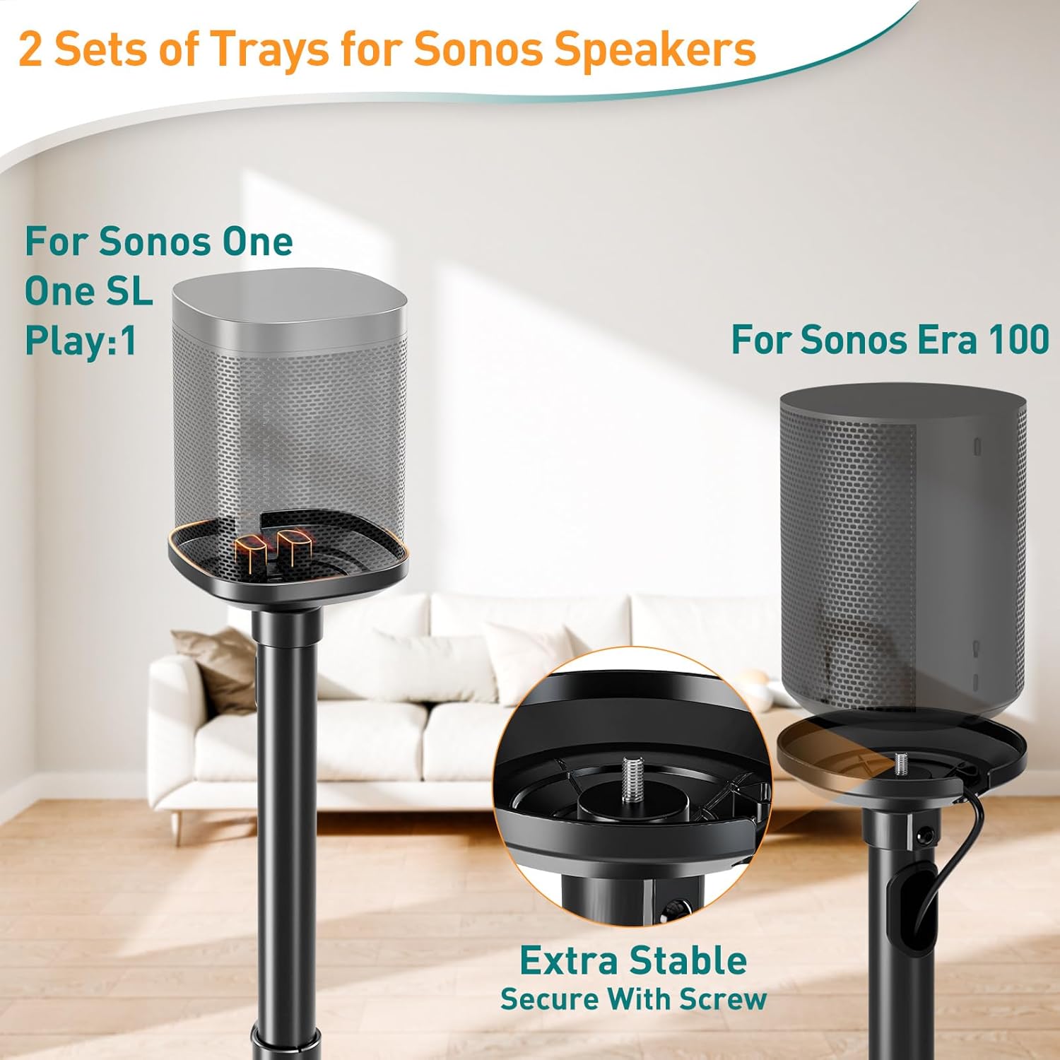 Detalle 2 de ELIVED Supporto per altoparlanti EV5024 per Sonos One/One SL/Play:1 ed Era 100, altezza regolabile 86,8–110,3 cm
