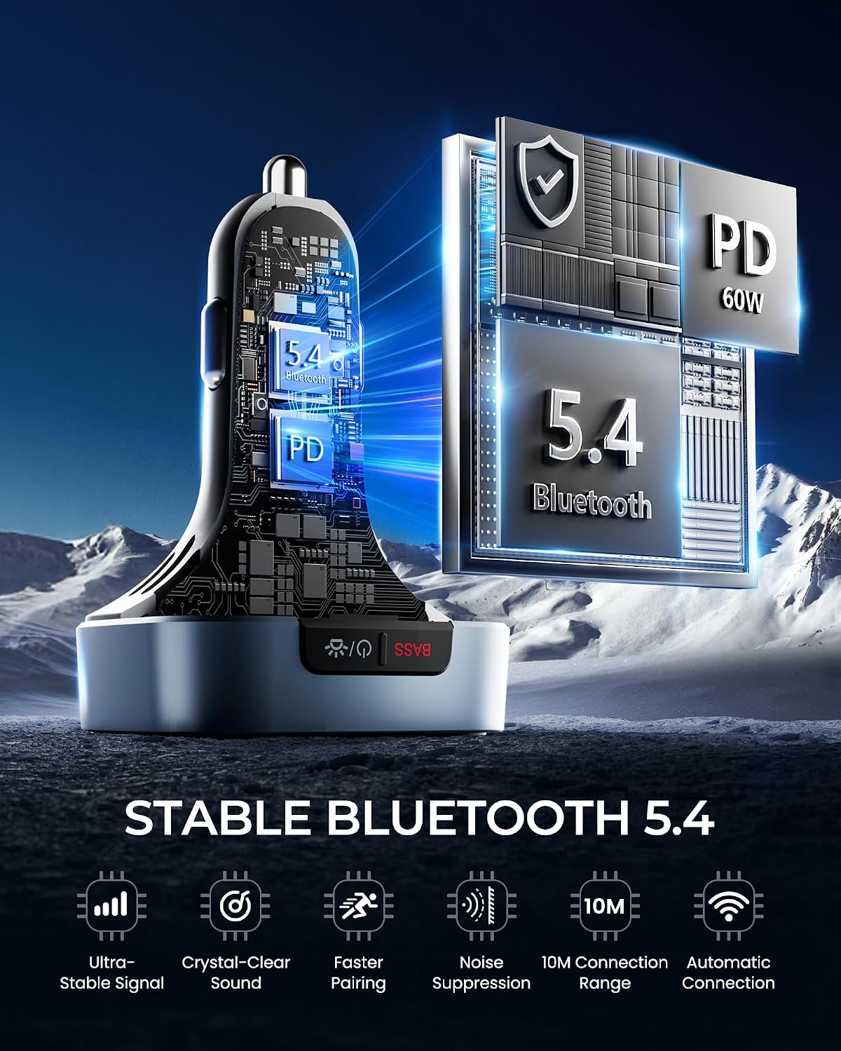 Thumbnail 3 de LENCENT Transmetteur FM Bluetooth 5,4 pour voiture - Charge rapide 60W