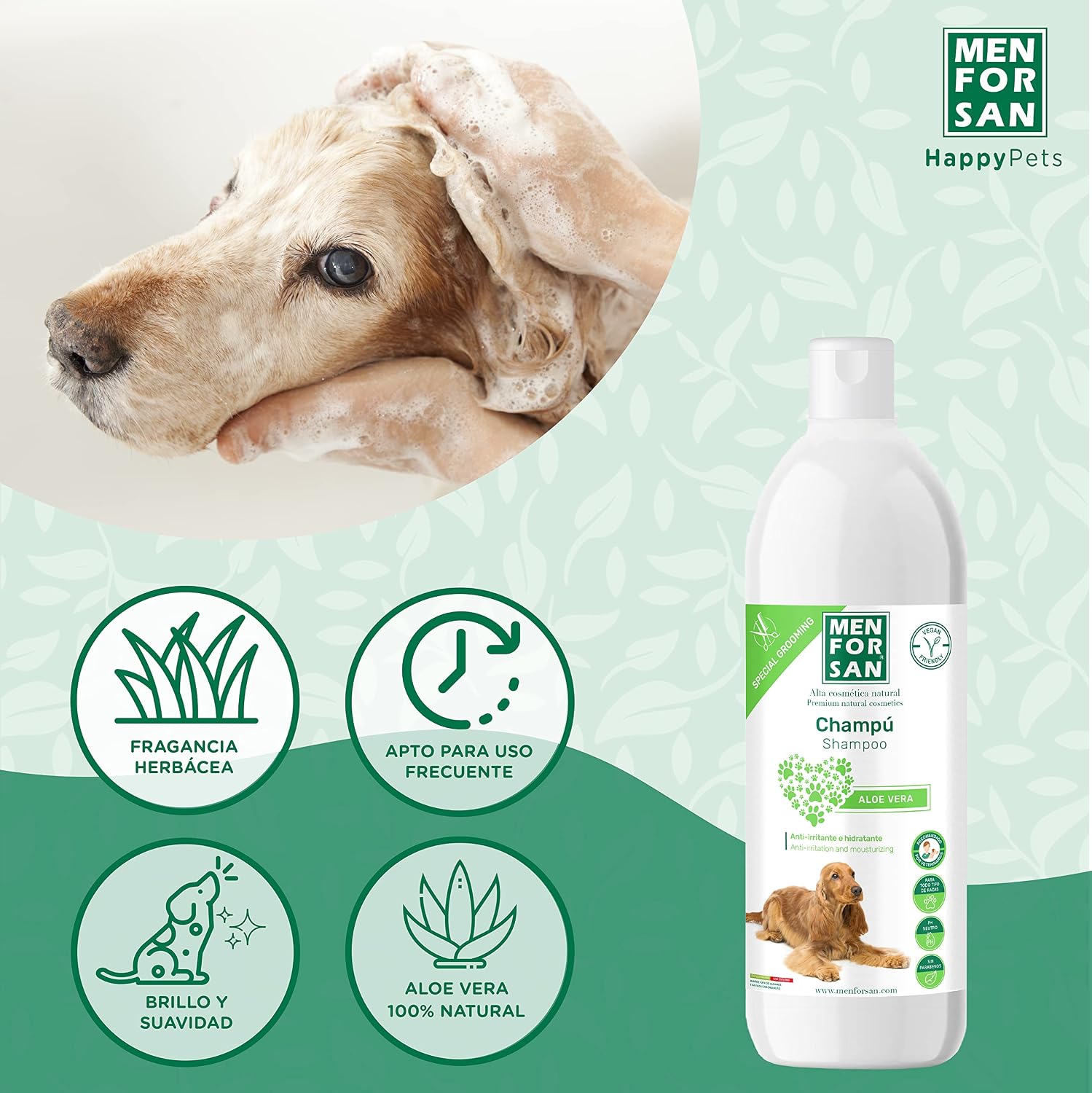 Detalle 2 de MENFORSAN Aloe Vera Shampoo per cani, 1 litro, confezione da 2 – detergente delicato a base di aloe vera