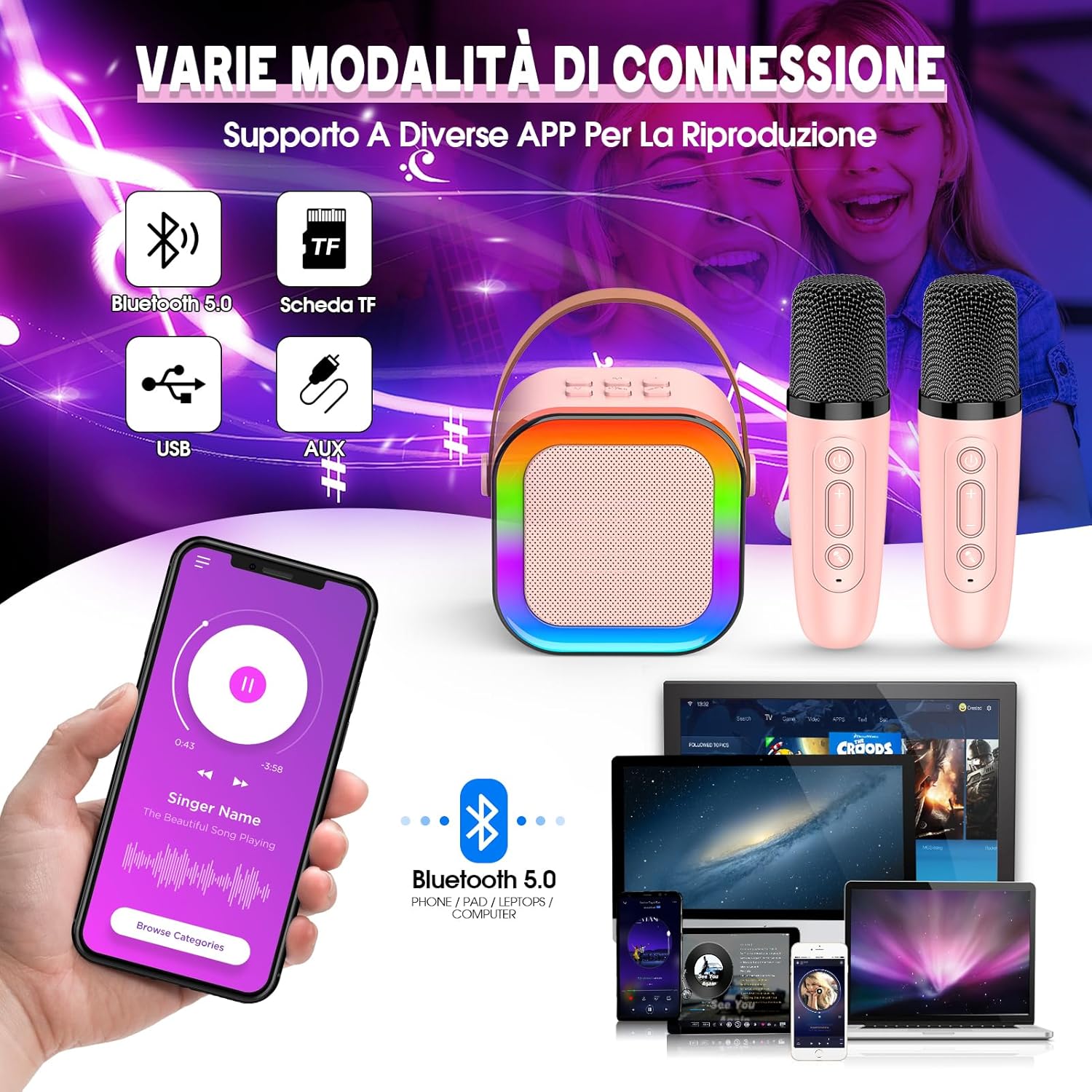 Detalle de Dislocati Regalo Bambina 3-12 Anni – Microfono Karaoke Bluetooth Portatile