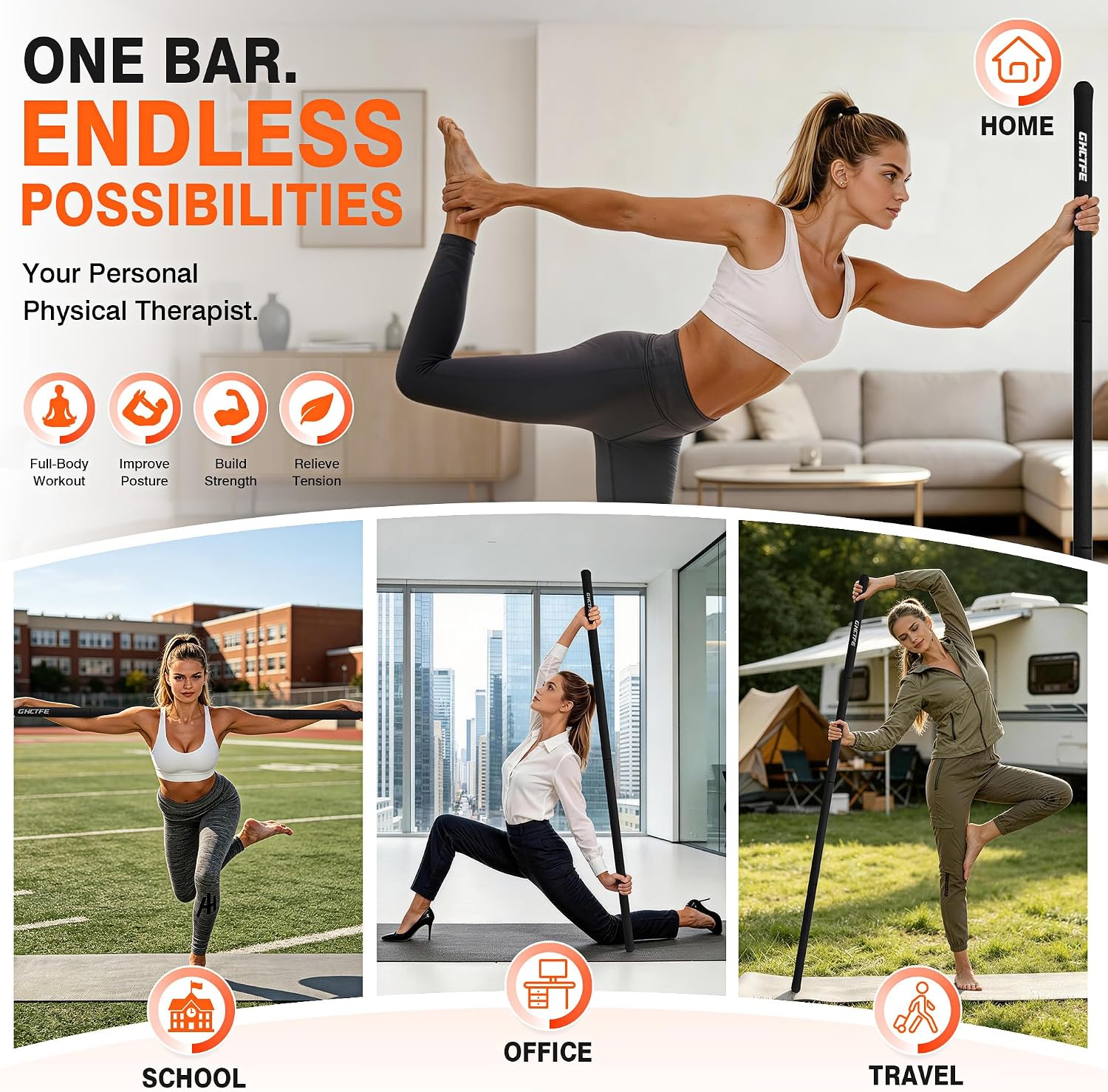 Detalle 2 de GHCTFE Yoga Stick for Stretching, Adjustable 4-Section Steel Mobility Bar