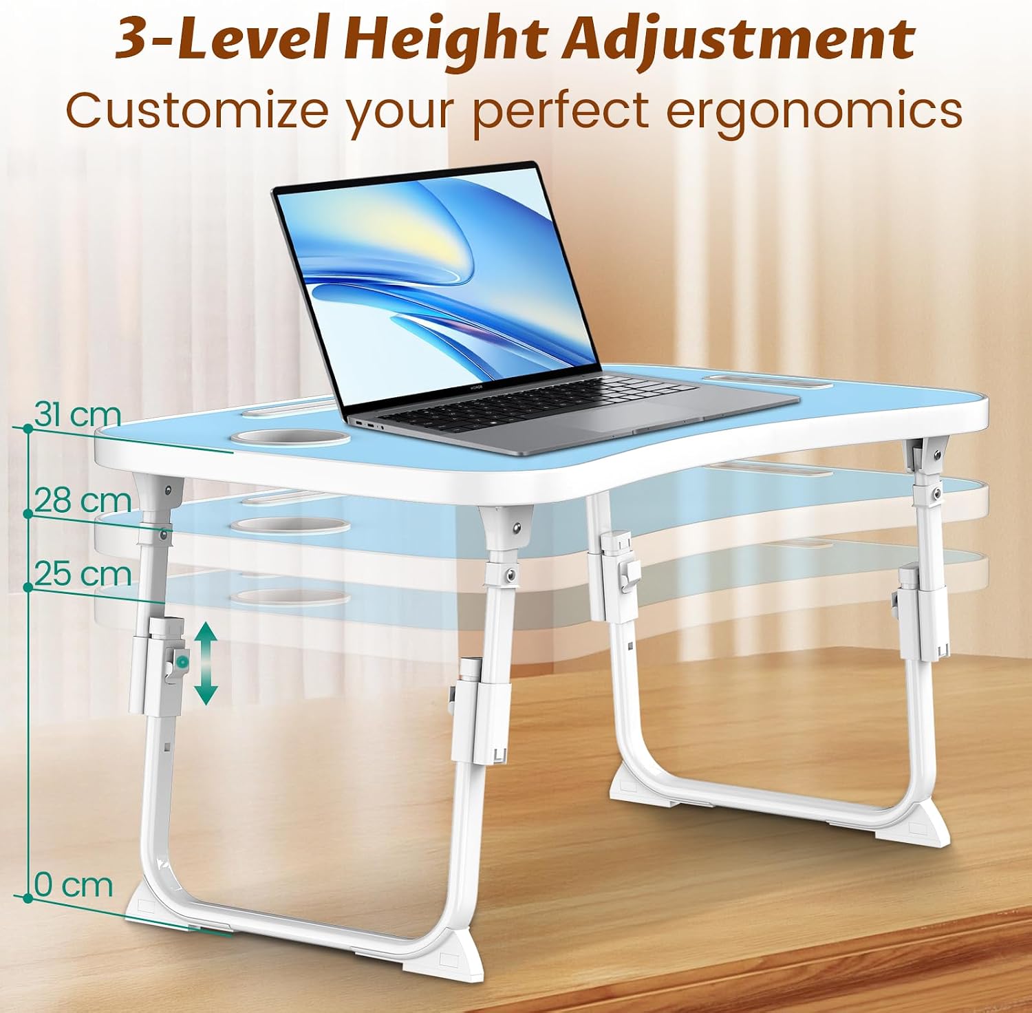 Detalle de MeisterPro Laptop Table Height Adjustable, Foldable Bed Desk with Cup Holder & Phone Slot