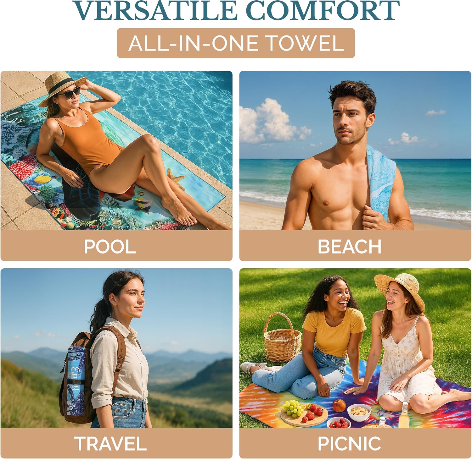 Detalle de Casa Platino 4-Pack Oversized Beach Towels – 71x32in Microfiber, Nebran