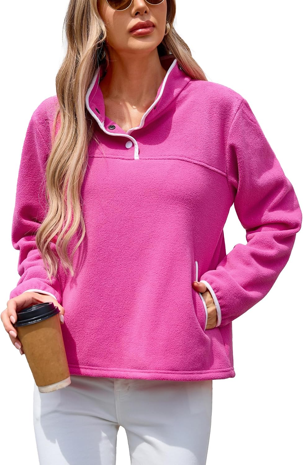 Thumbnail 6 de iChunhua 1/4 Button Funnel Neck Fleece Sweatshirt for Women with Pockets