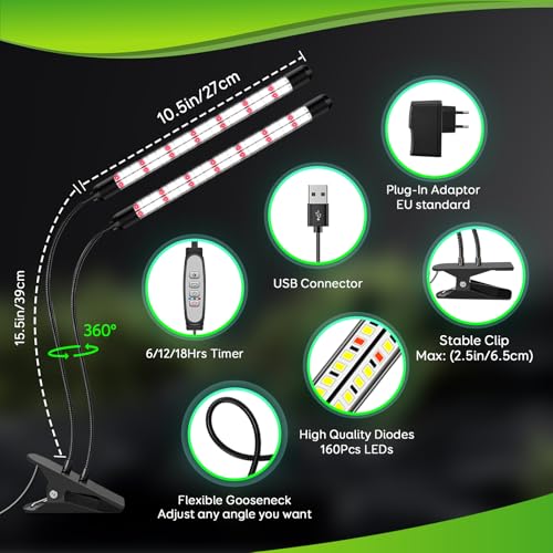 Detalle de Lámpara para plantas LED Niello de 2 cabezales: espectro completo, temporizador y 3 modos de color