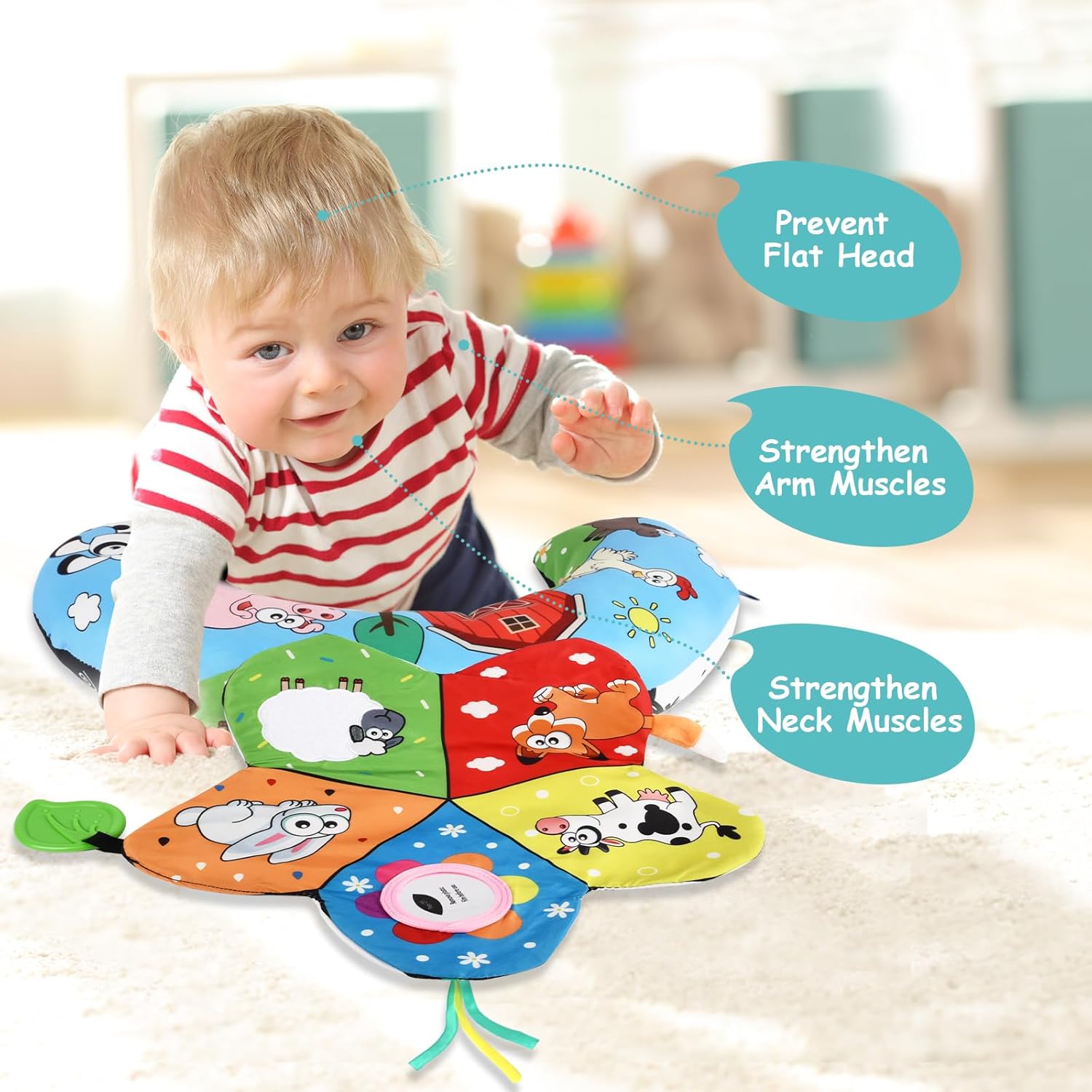 Thumbnail 5 de Vicloon Tummy Time Pillow with Mirror and Teether — Black & White High Contrast Baby Toy Set (Farm) for 0–6 Months