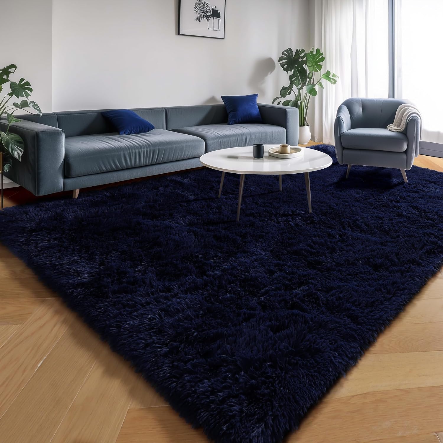 Thumbnail 2 de PAGISOFE 4' x 6' Navy Blue High-Pile Area Rug with Non-Slip TPR Backing