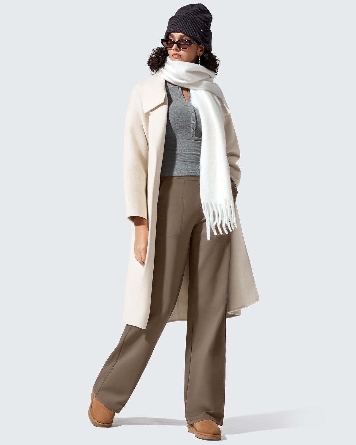 Detalle de G4Free Fleece-Lined Wide-Leg Pants for Women, Stretch Fabric and Pockets
