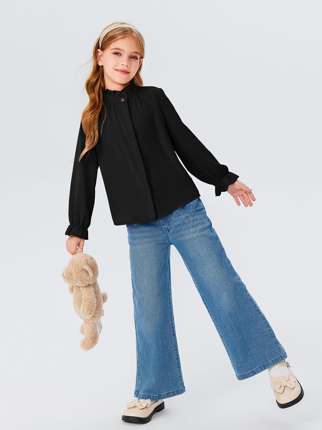 Thumbnail 4 de Haloumoning meisjesblouse met lange mouwen, ruches en opstaande kraag