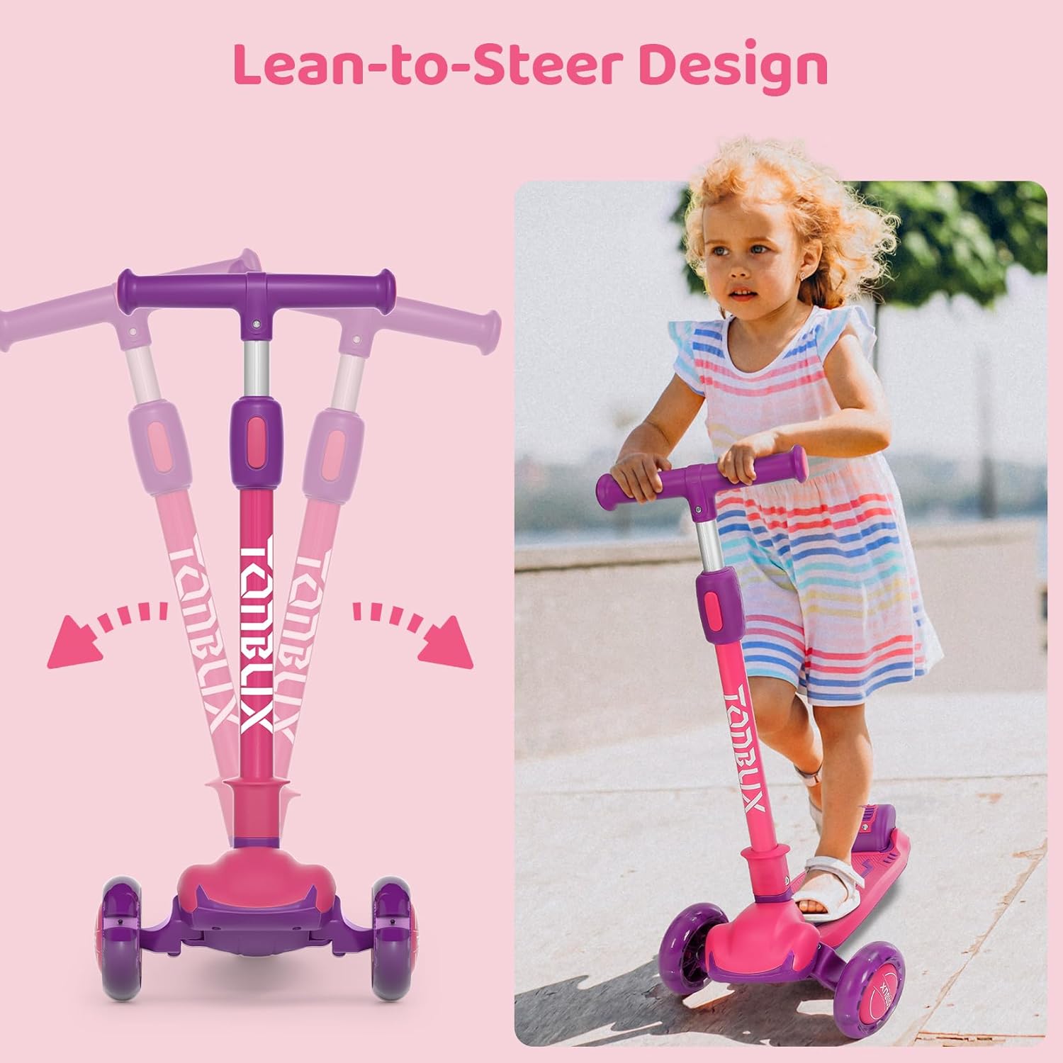 Detalle de TONBUX Kids Scooter (3-Wheel, Light-Up Wheels) — Folding, Adjustable Height Lean-to-Steer for Ages 3–12