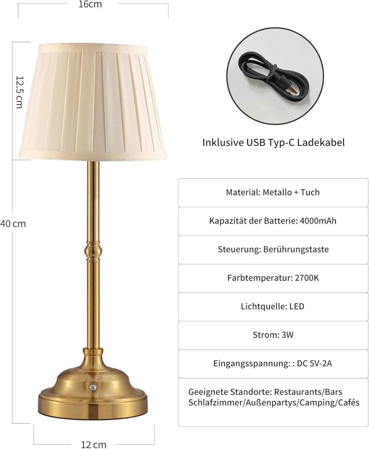 Detalle de VISDANFO Lampada da tavolo a LED senza fili – design retrò, batteria integrata 4000 mAh, dimmerabile, oro + beige