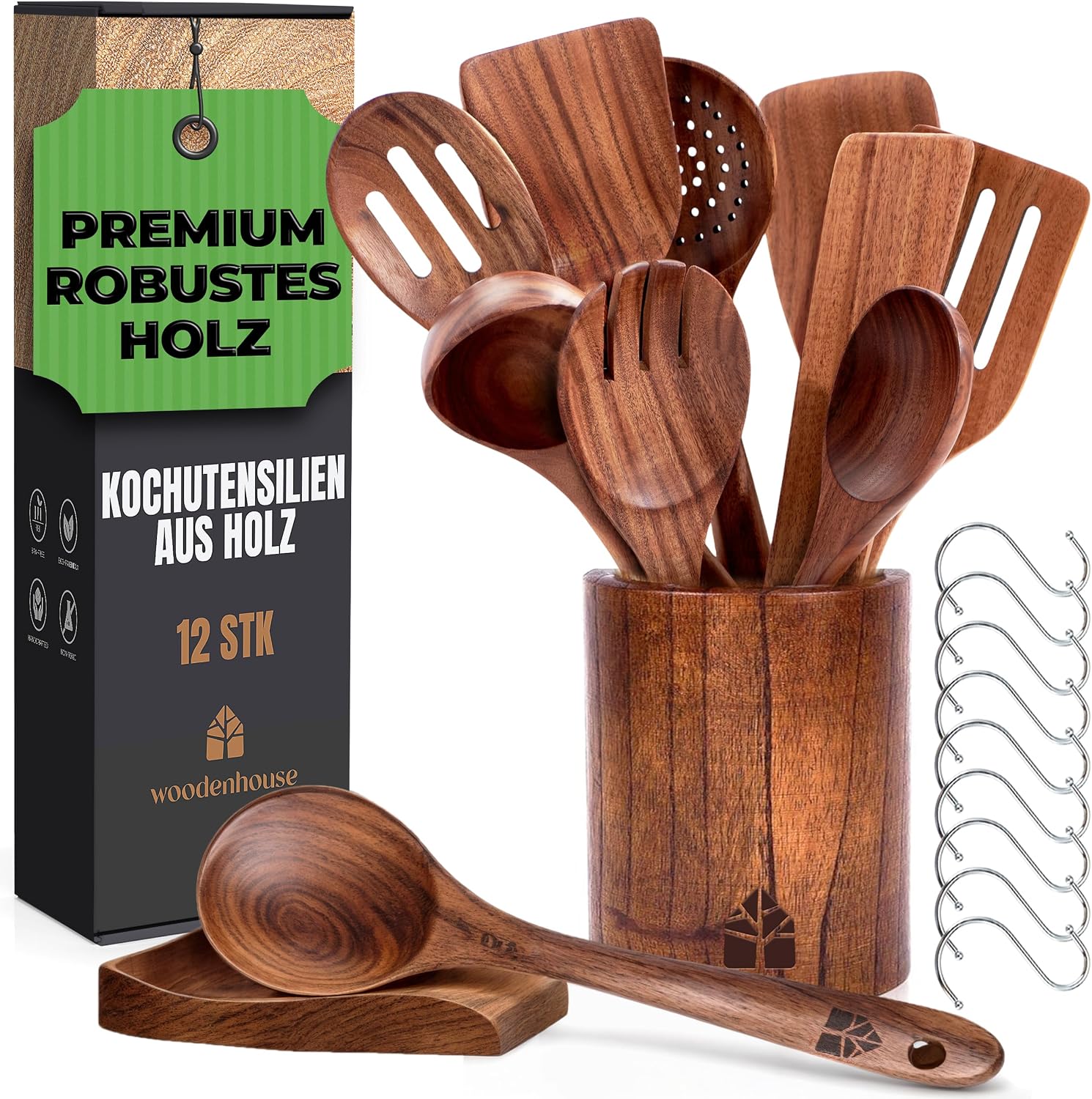 Detalle de Holz-Kochlöffel Set 12 Teakholz mit Halter