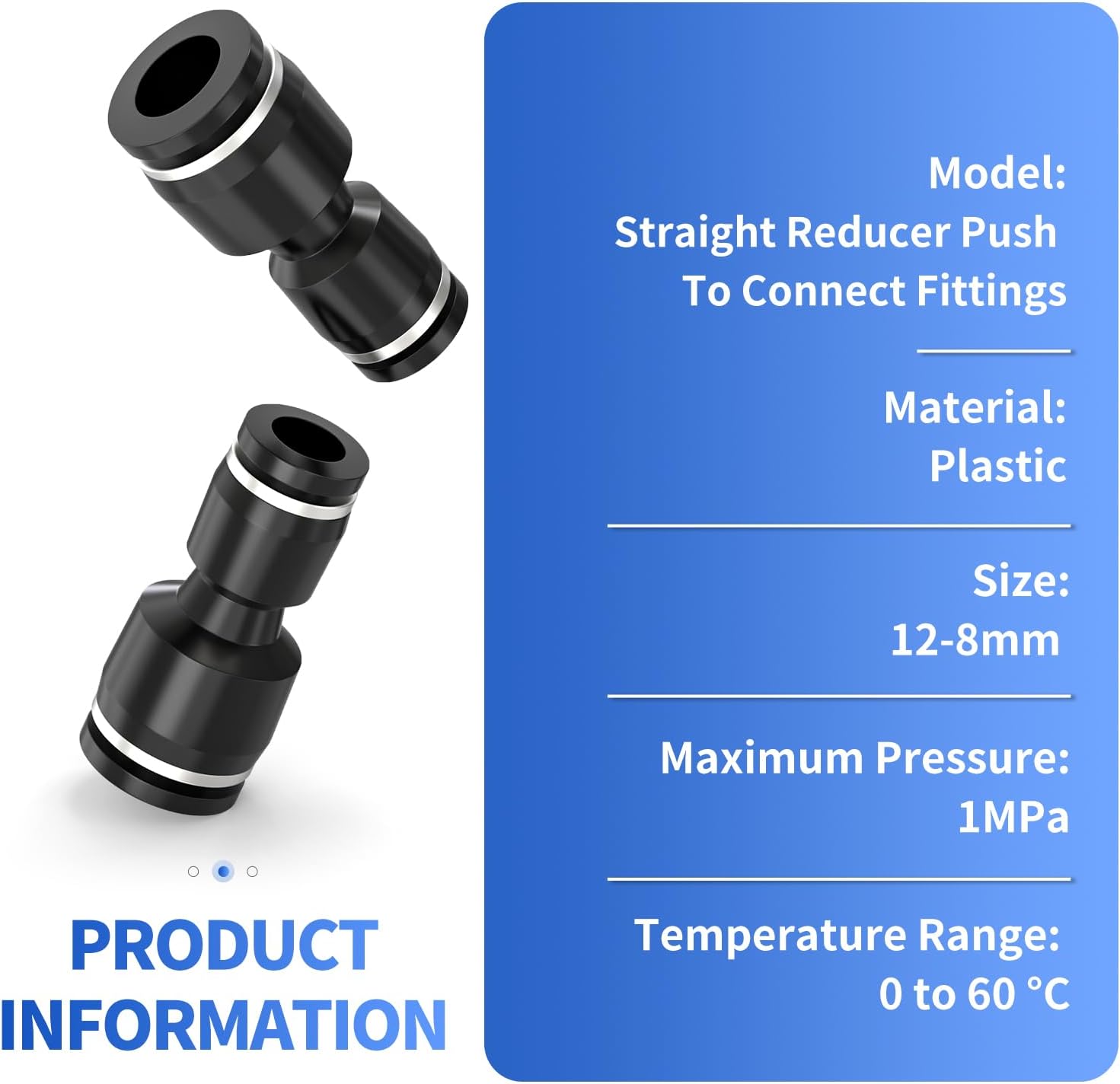 Thumbnail 3 de ERGAOBOY 10 Pcs 12mm Tube OD x 8mm Tube OD Black Straight Reducing Push to Connect Fittings