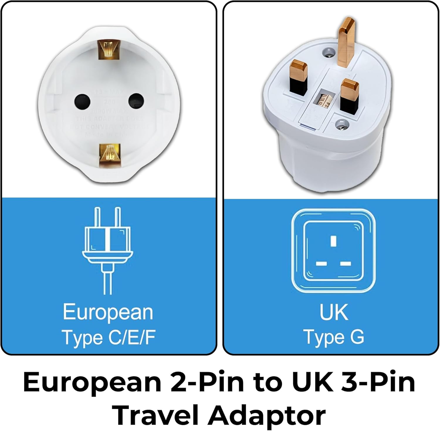 Thumbnail 1 de Double Dragon EU to UK Plug Adapter (Schuko & Europlug to UK 3-Pin) – BS8546 Certified, 13A Fused, White (2 Pack)