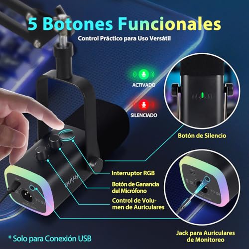 Detalle de FIFINE XLR Streaming Micrófono dinámico de podcast: USB/XLR, RGB y brazo para PC, PS4/PS5